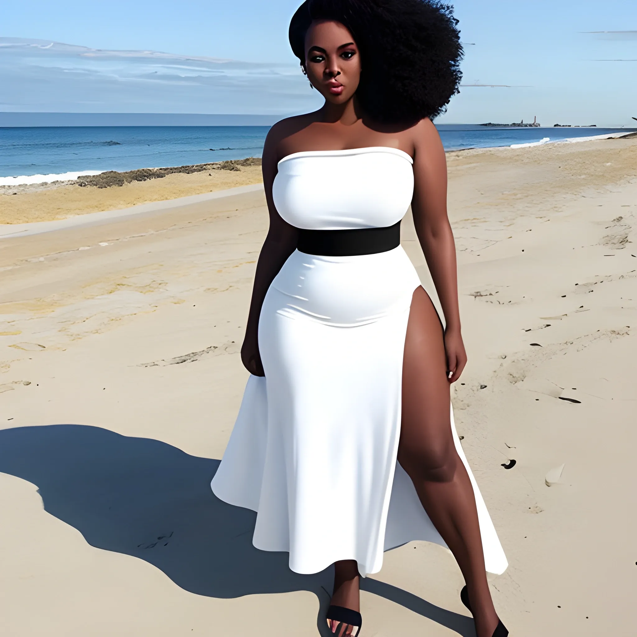 Black+tall+curvy women+wearing white dress+ standing at the beac