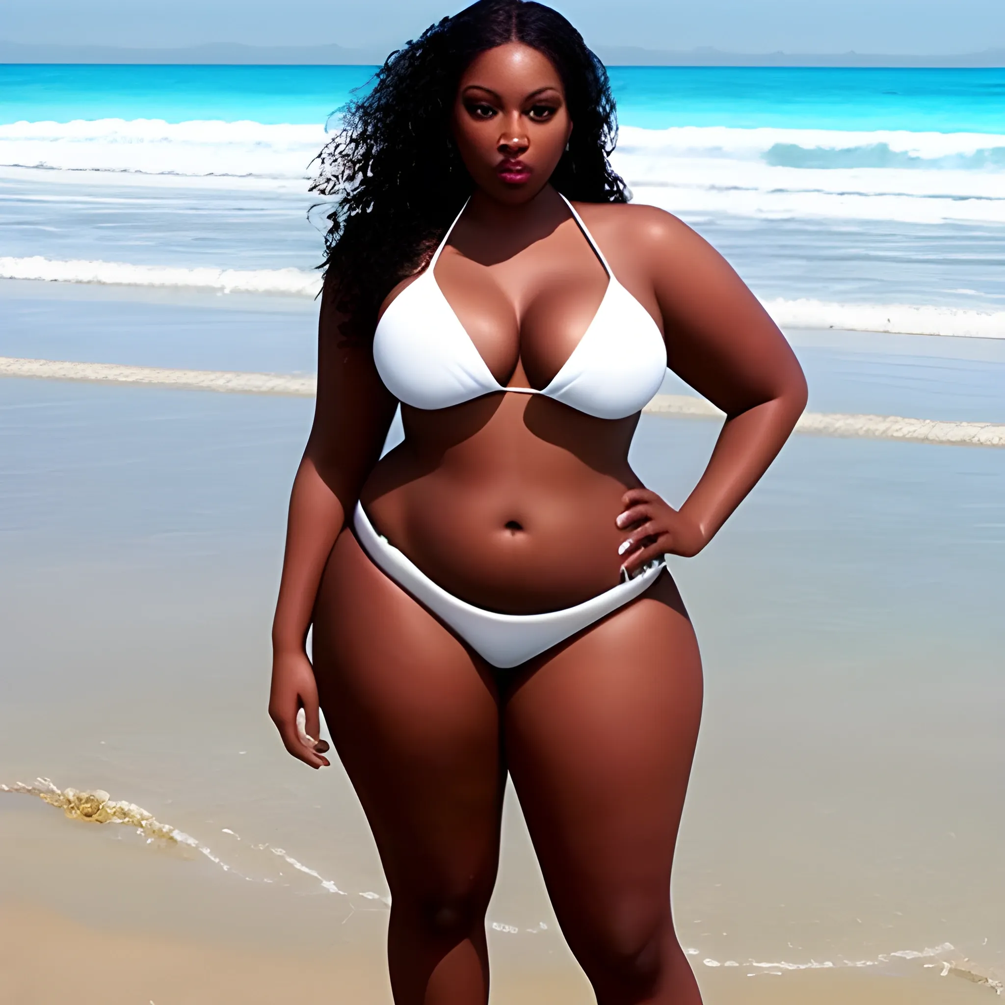 Beautiful+Black+tall+curvy women+wearing white bikini+ standing
