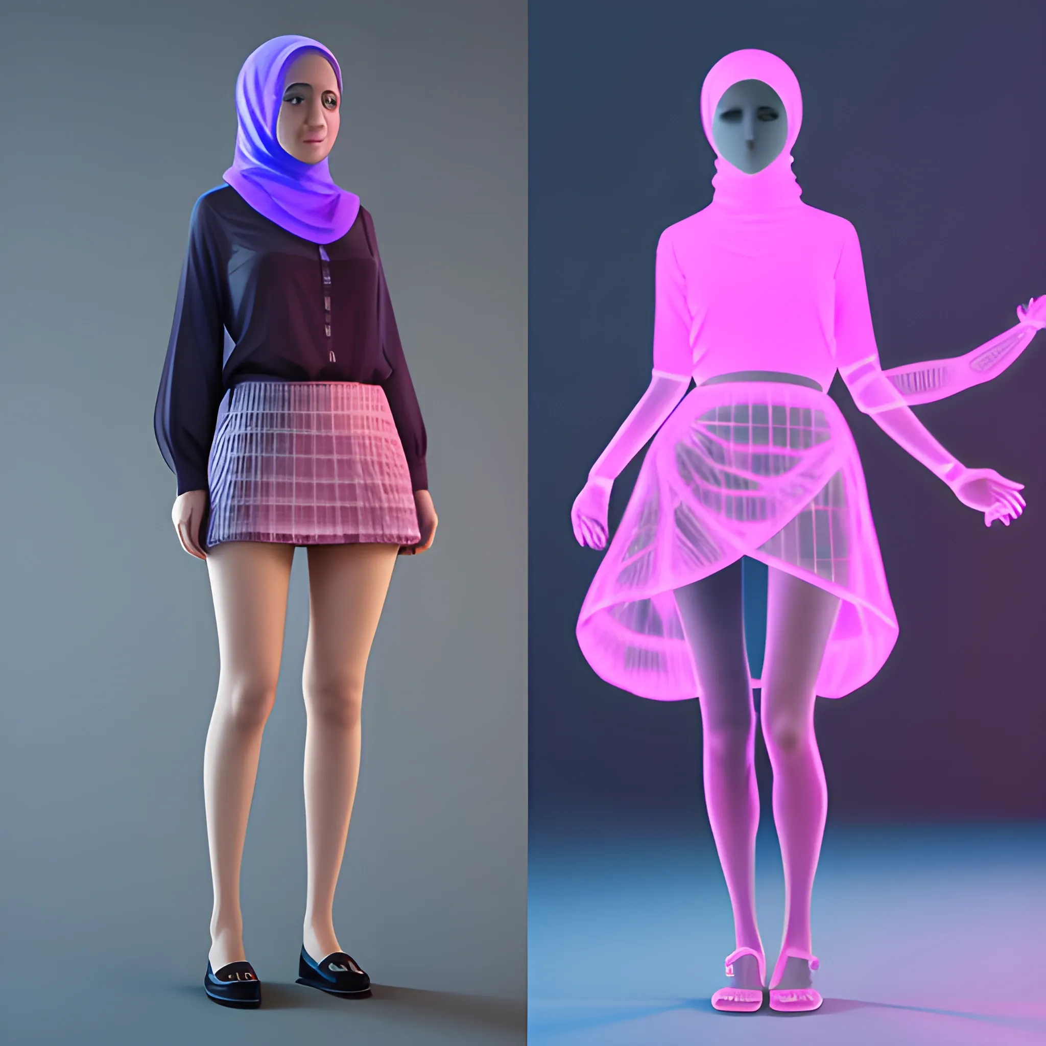 A female human being Standing+ left side dressed skirt+ blouse+hijab+right side 3D hologram showing reproductive organs

