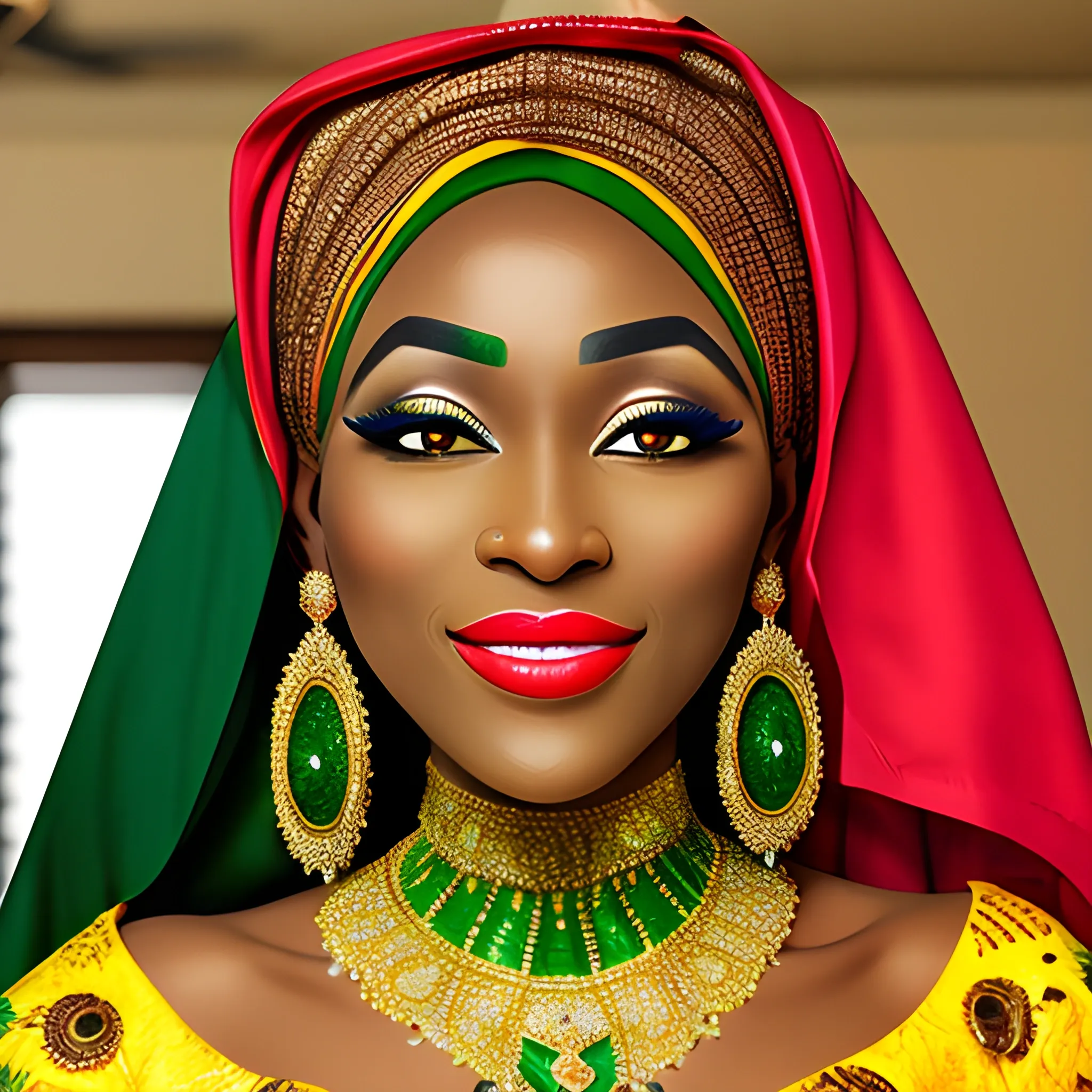 Highly detailed african bride,  wearing hijab, green gown with yellow decoration,  green eye shadow,  no ring nose,  dark brown pupil,  cat eye eye liner,  deep red lip sticks,  smiling

