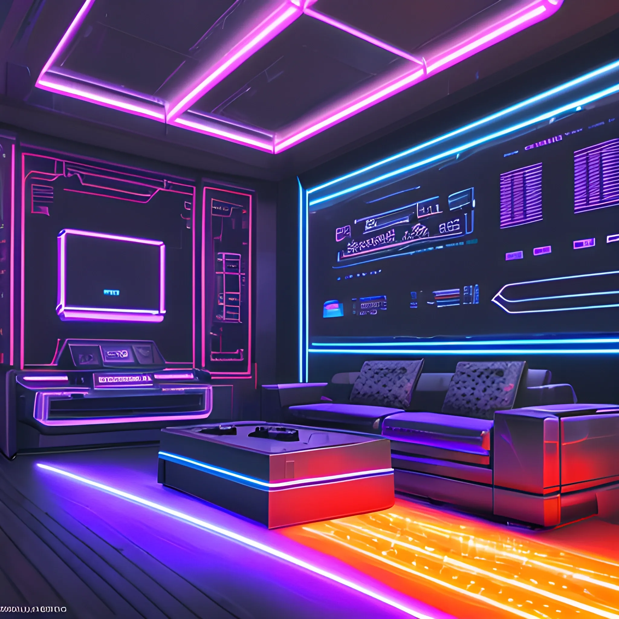 Cyberpunk style, a living room,  Futuristic,Technological,High-tech texture,(orange light),(neon lights),(blue purple neon),Lines and geometric patterns,dim light,High-gloss black flooring,Laser lighting,Illuminated tubes,Metal materials,Sleek and tech-inspired furniture,Streamlined metal,decorations,Cyberpunk-themed ornaments,Futuristic cityscape paintings,Technological elements,Touchscreen display,Touch-sensitive control panel,(best quality),(masterpiece), (8k ), super detailed,