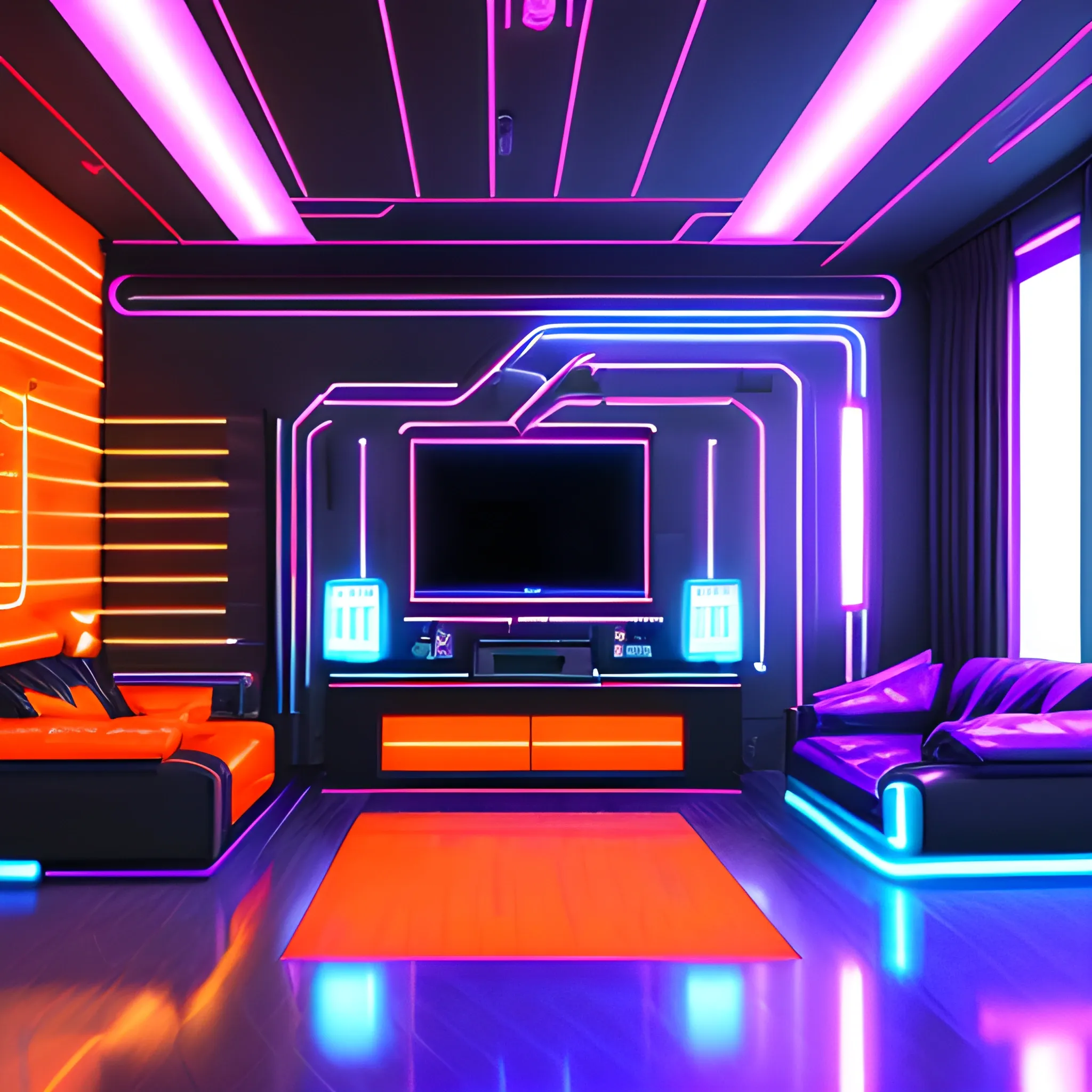 Cyberpunk style, a living room,  Futuristic,Technological,High-tech texture,(orange light),(neon lights),(blue purple neon),Lines and geometric patterns,dim light,High-gloss black flooring,Laser lighting,Illuminated tubes,Metal materials,Sleek and tech-inspired furniture,Streamlined metal,decorations,Cyberpunk-themed ornaments,Futuristic cityscape paintings,Technological elements,Touchscreen display,Touch-sensitive control panel,(best quality),(masterpiece), (8k ), super detailed,