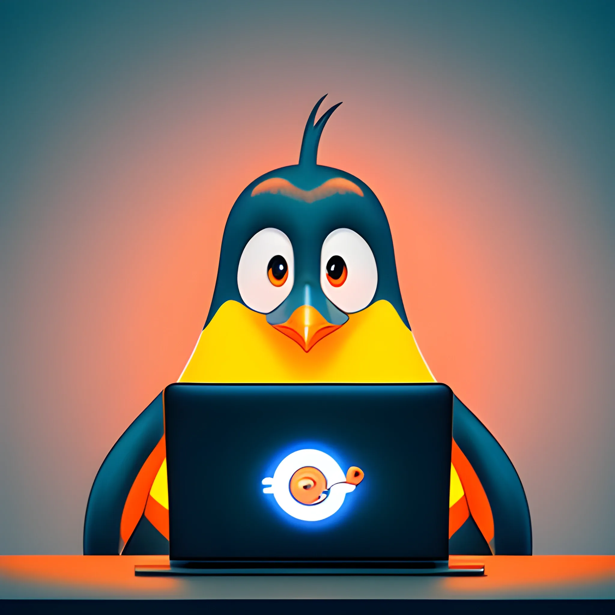Portrait of a cute cartoon small penguin with a super long neck, orange beak, ruffled feathers, with laptop, super cute cartoon character, dreamy eyes, 100 mm lens, highly detailed, fantasy meadow pond, dreamlike, neon lighting, cinematic color palette, cinematography, trending on Artstation, 8K, Cartoon