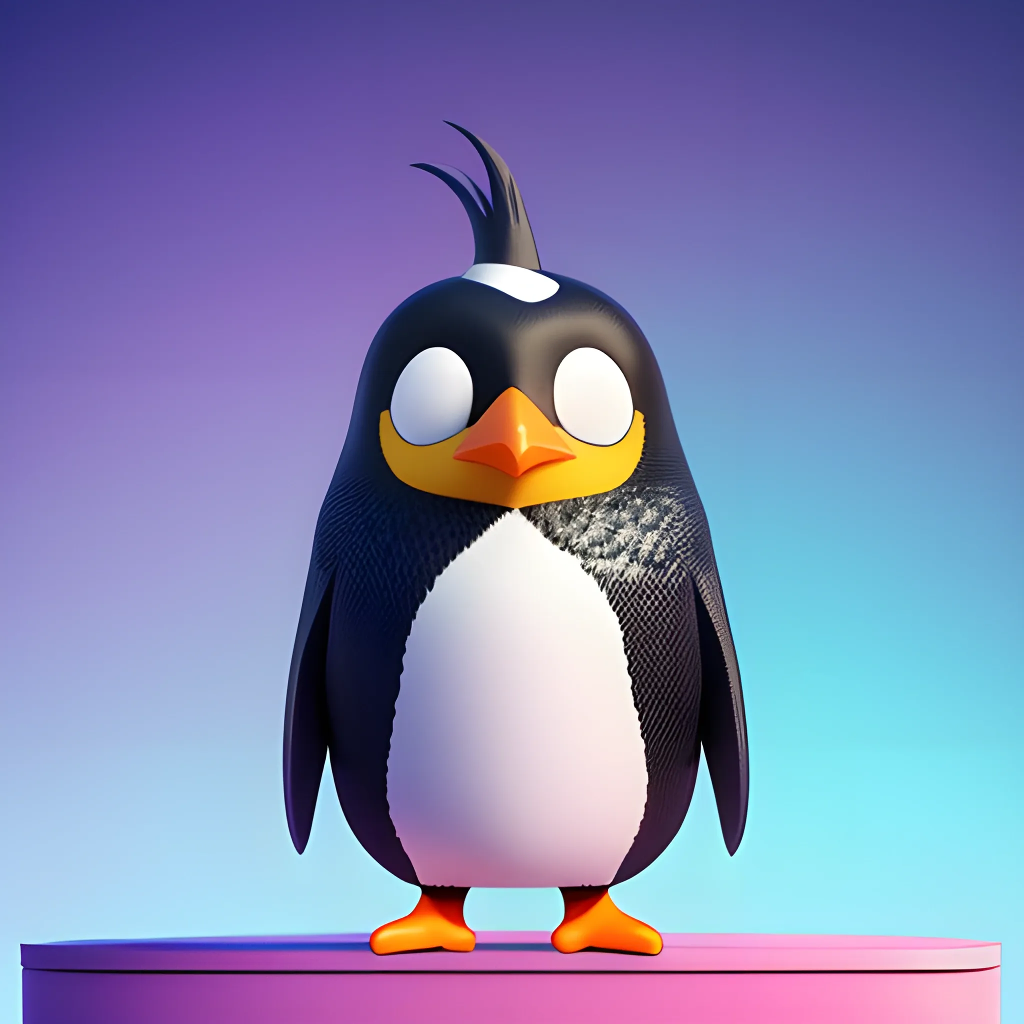 Portrait of a cute cartoon small penguin with a super long neck, orange beak, ruffled feathers, with laptop, super cute cartoon character, dreamy eyes, 100 mm lens, highly detailed, fantasy meadow pond, dreamlike, neon lighting, cinematic color palette, cinematography, trending on Artstation, 8K, Cartoon, 3D