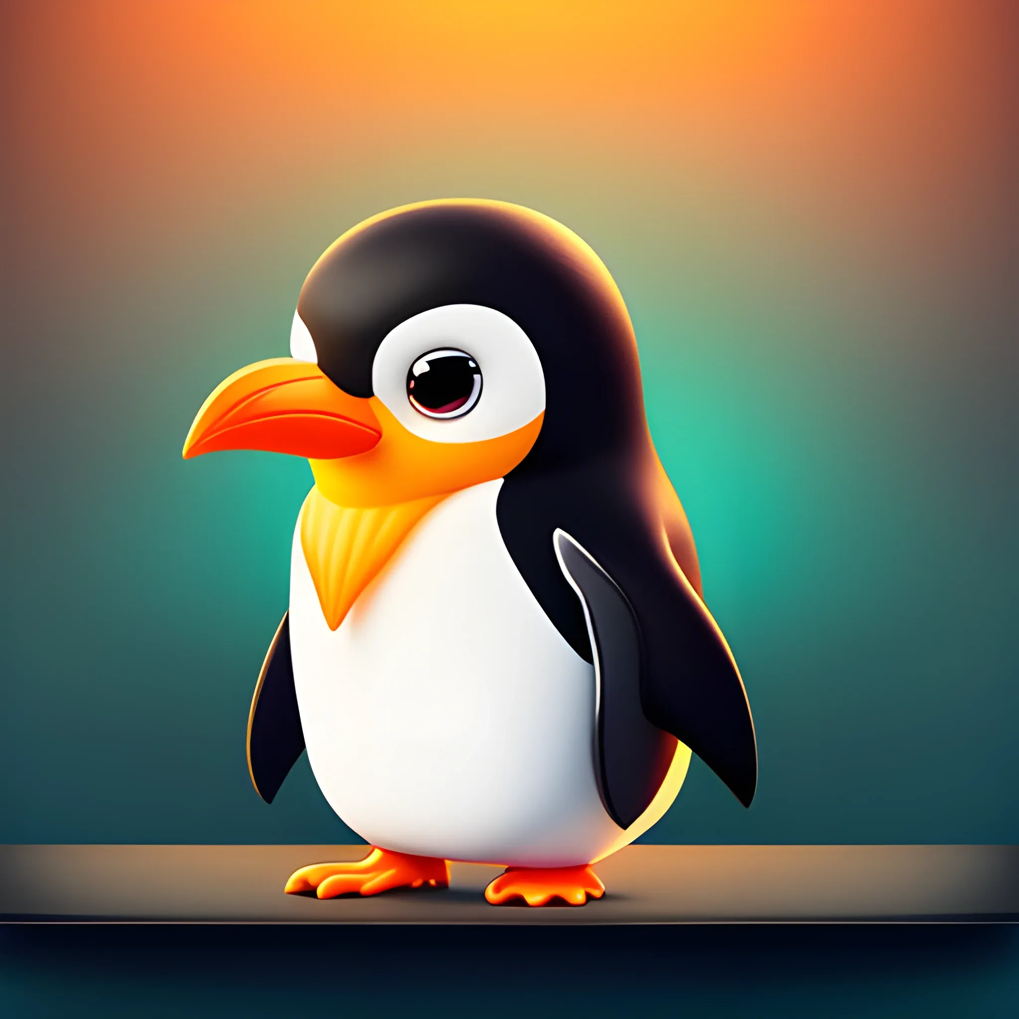 Portrait of a cute cartoon small penguin with a super long neck, orange beak, ruffled feathers, with laptop, super cute cartoon character, dreamy eyes, 100 mm lens, highly detailed, fantasy meadow pond, dreamlike, neon lighting, cinematic color palette, cinematography, trending on Artstation, 8K, , Pencil Sketch