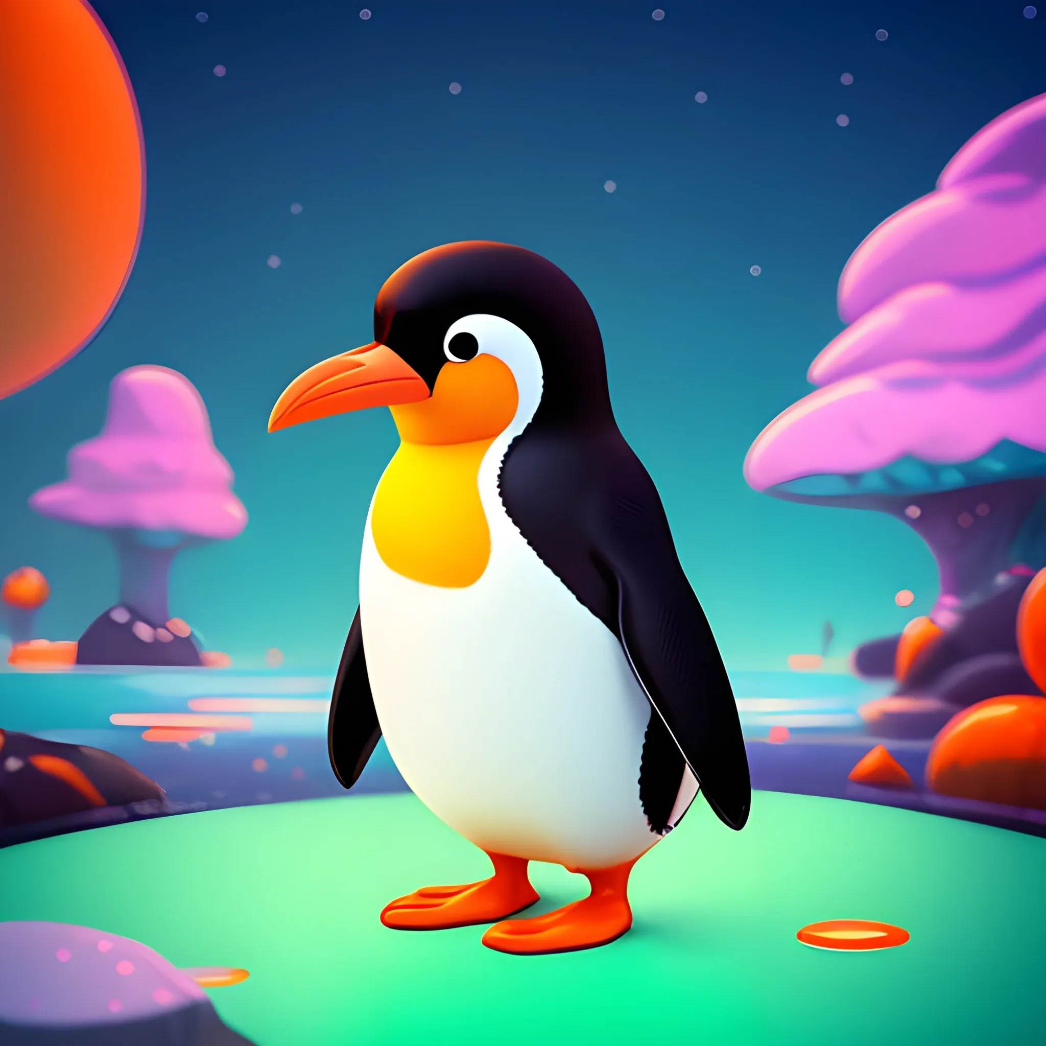 Portrait of a cute cartoon small penguin with a super long neck, orange beak, ruffled feathers, with laptop, super cute cartoon character, dreamy eyes, 100 mm lens, highly detailed, fantasy meadow pond, dreamlike, neon lighting, cinematic color palette, cinematography, trending on Artstation, 8K,, Water Color