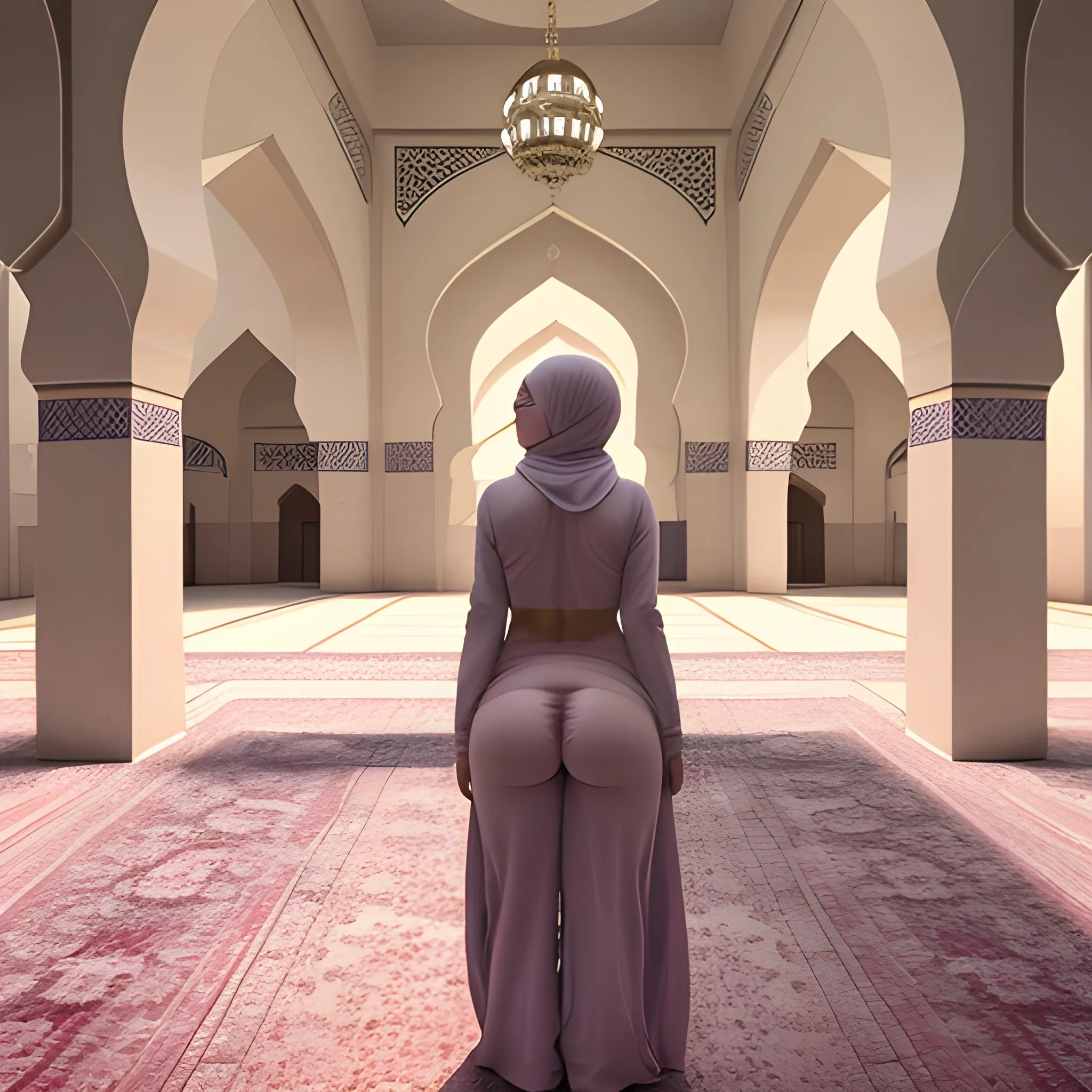 A candid photo of a Pakistani Alima Bibi in standing in mosque while playing with her boobs or ass, her ass is round, hijabi slutty, pale skin Pakistani, perfect anatomy, 8K beautiful, super realistic body, simple background, hyper 8K detailed photo, 8k resolution concept art, full body view, viewed from the back