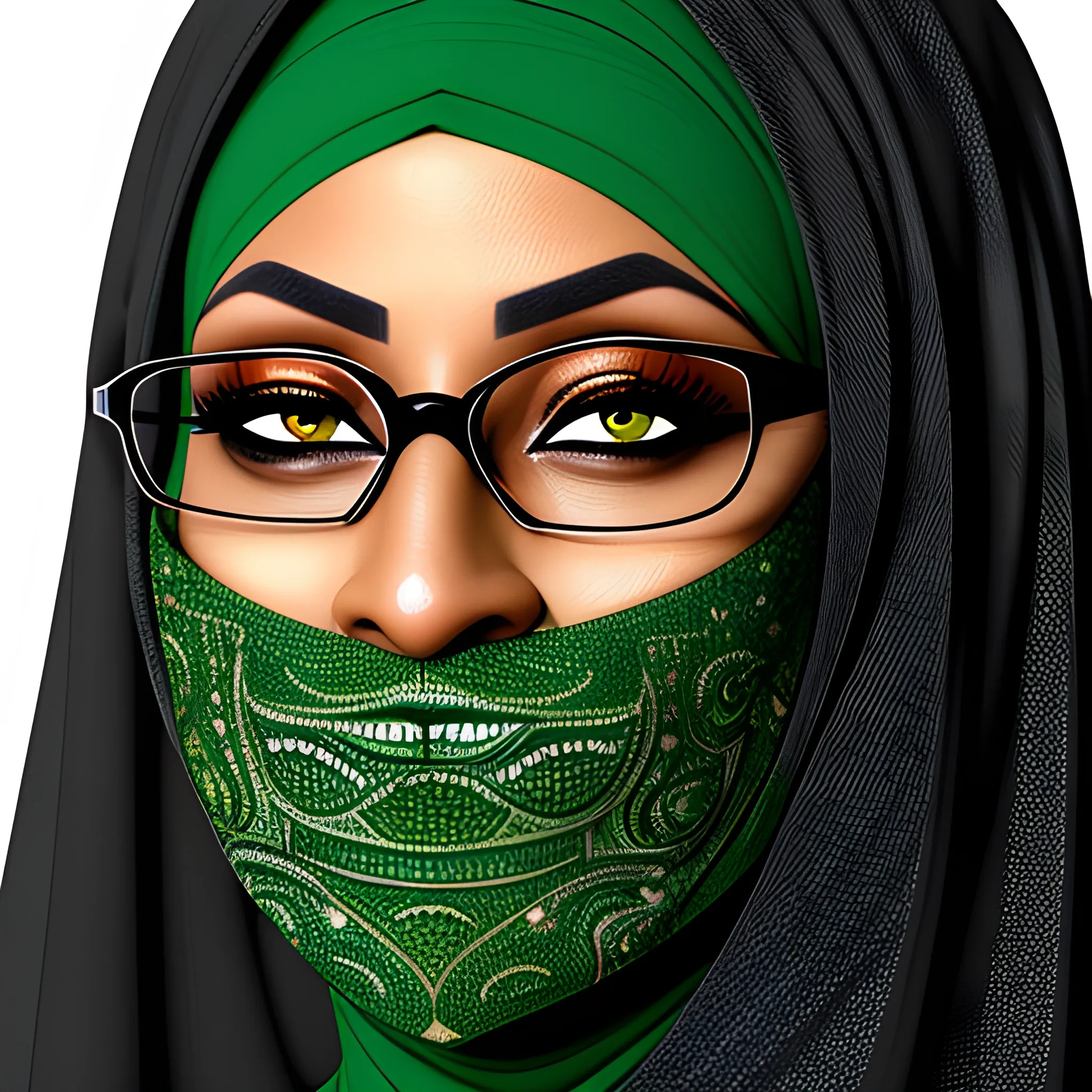 African women, long oval face, dimple chin, small eyes, high bridge nose, thick lips, wearing green hijab, black abaya, half circle black eye glass.  Realistic highly detailed portrait picture. ,Romanticism