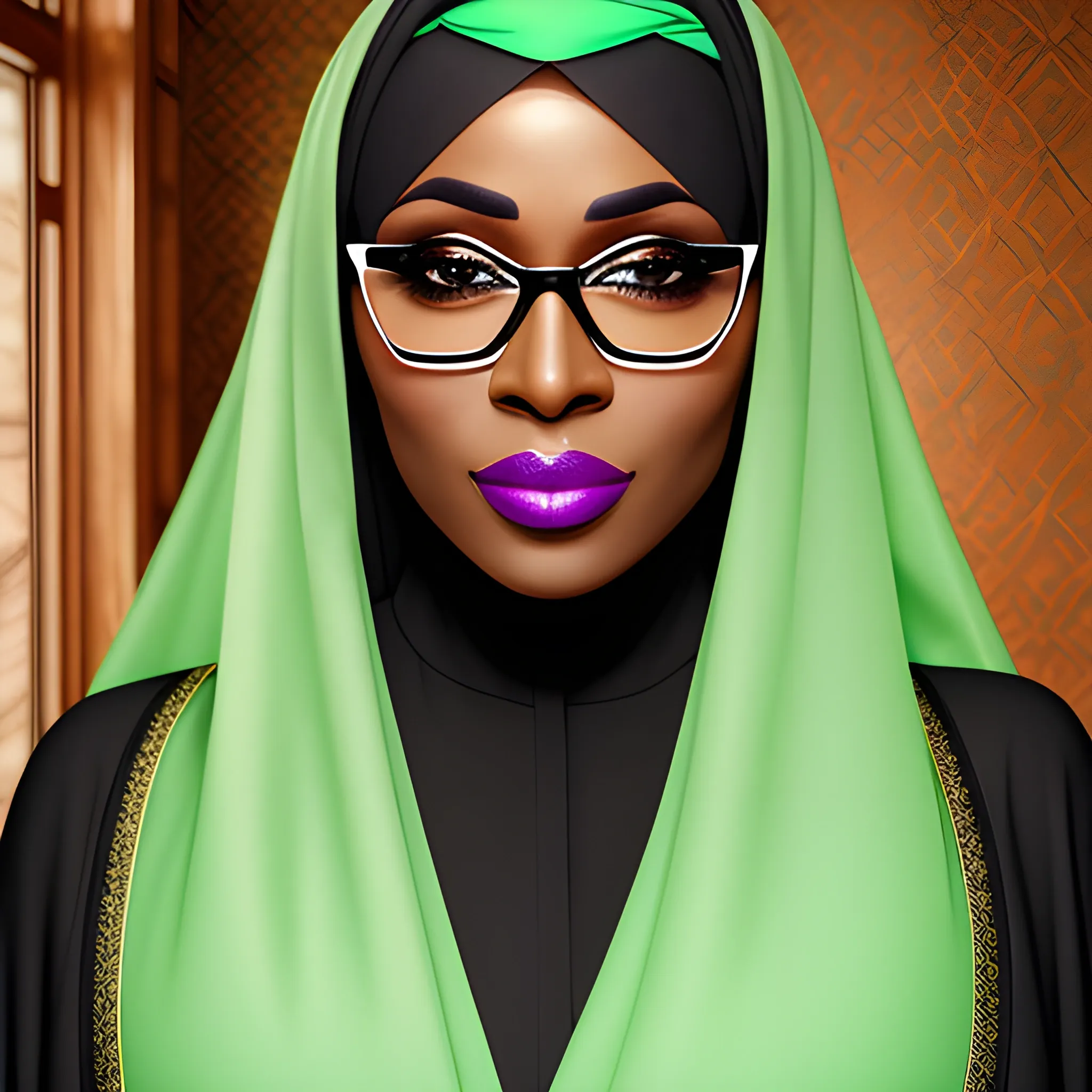 African women, long oval face, dimple chin, small eyes, high bridge nose, thick lips, wearing green hijab, face fully opened, black abaya, half circle black eye glass.  Realistic highly detailed portrait picture. ,Romanticism
