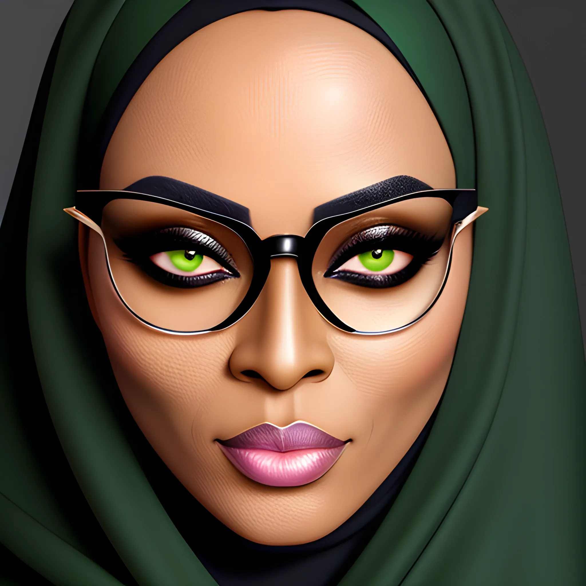 African women, long oval face, dimple chin, small eyes, black pupils, high bridge nose, thick brown lips, wearing green hijab, face fully opened, black abaya, half circle black eye glass.  Realistic highly detailed portrait picture. ,Romanticism
