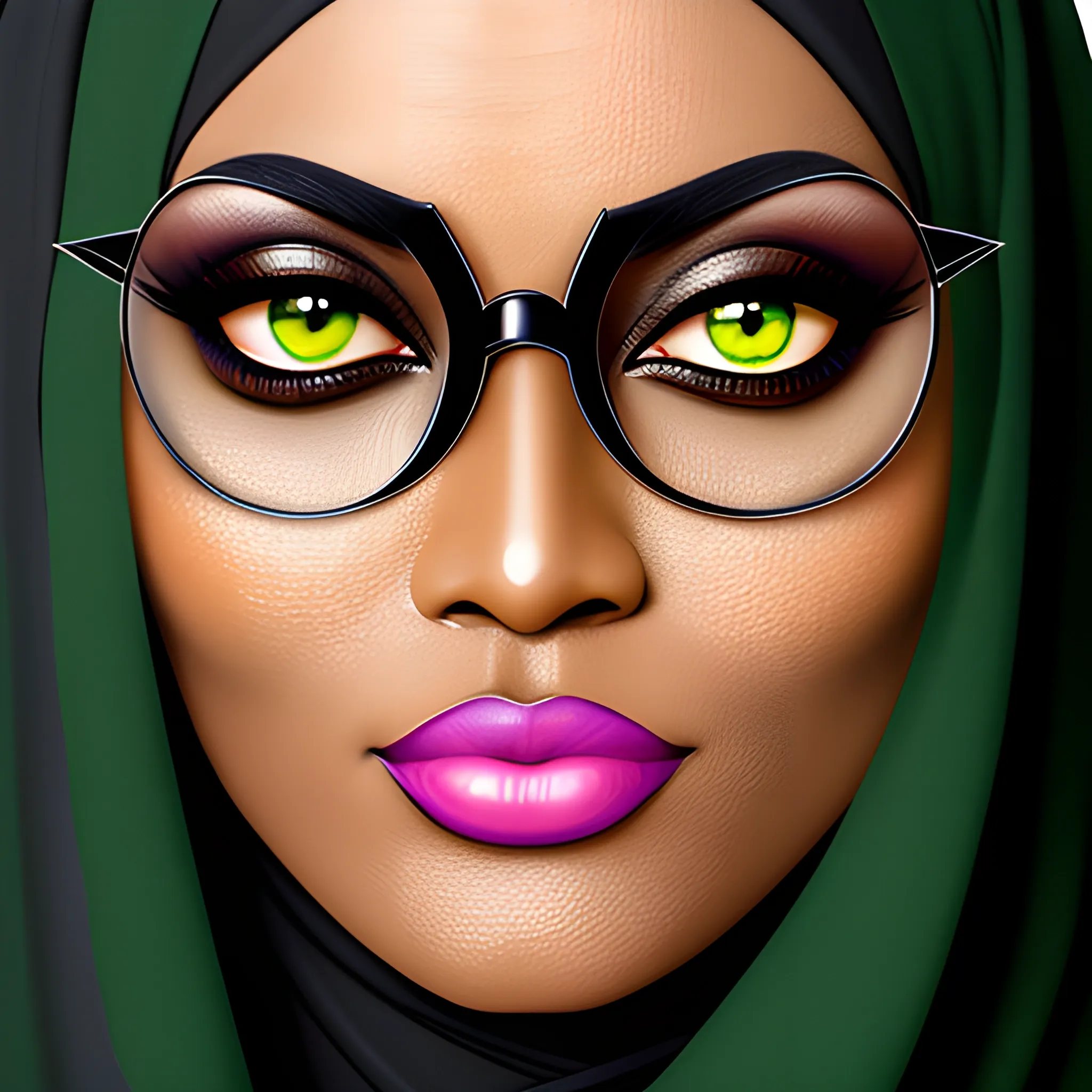 African women, long oval face, dimple chin, small eyes, black pupils, high bridge nose, thick brown lips, wearing green hijab, face fully opened, black abaya, half circle black eye glass.  Realistic highly detailed portrait picture. Full 
Head and chest ,Romanticism