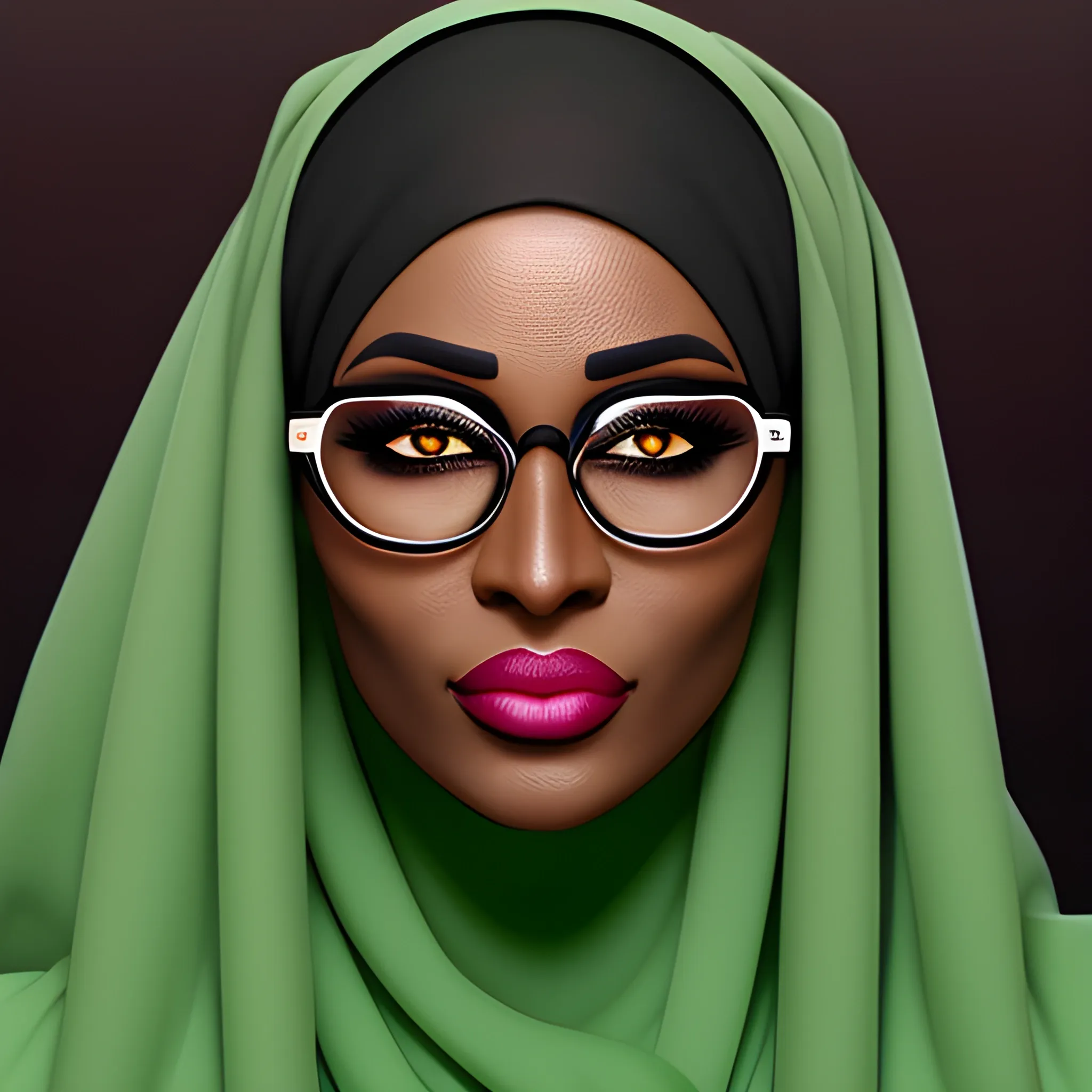 African women, long oval face, dimple chin, small eyes, black pupils, high bridge nose, thick brown lips, wearing green hijab, face fully opened, black abaya, half circle black eye glass.  Realistic highly detailed portrait picture. Full 
 Head and shoulders , no make up, 
 Romanticism