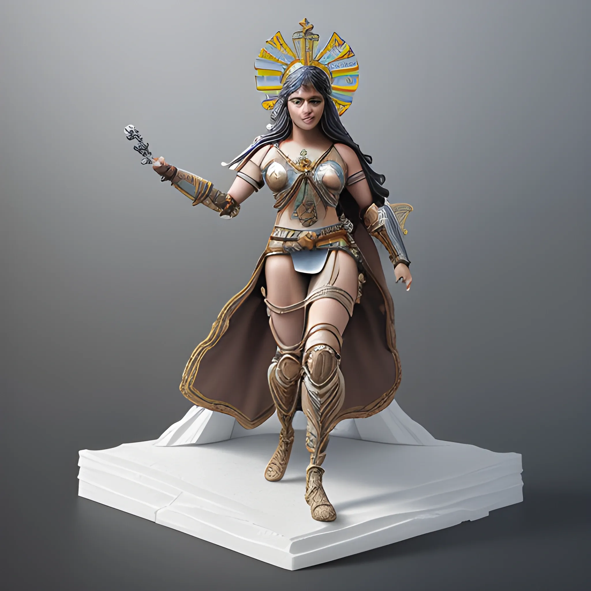 (A photorealistic) depiction of the action figure "Priestess Gipsy" against a white background. The action figure is rendered with high attention to detail, capturing the intricate design and features. The lighting in the image enhances the realism of the figure, showcasing its textures, colors, and accessories. The white background creates a clean and professional appearance, allowing the action figure to take center stage. The overall image exudes a sense of collectability and quality, appealing to fans and collectors of action figures., 3D