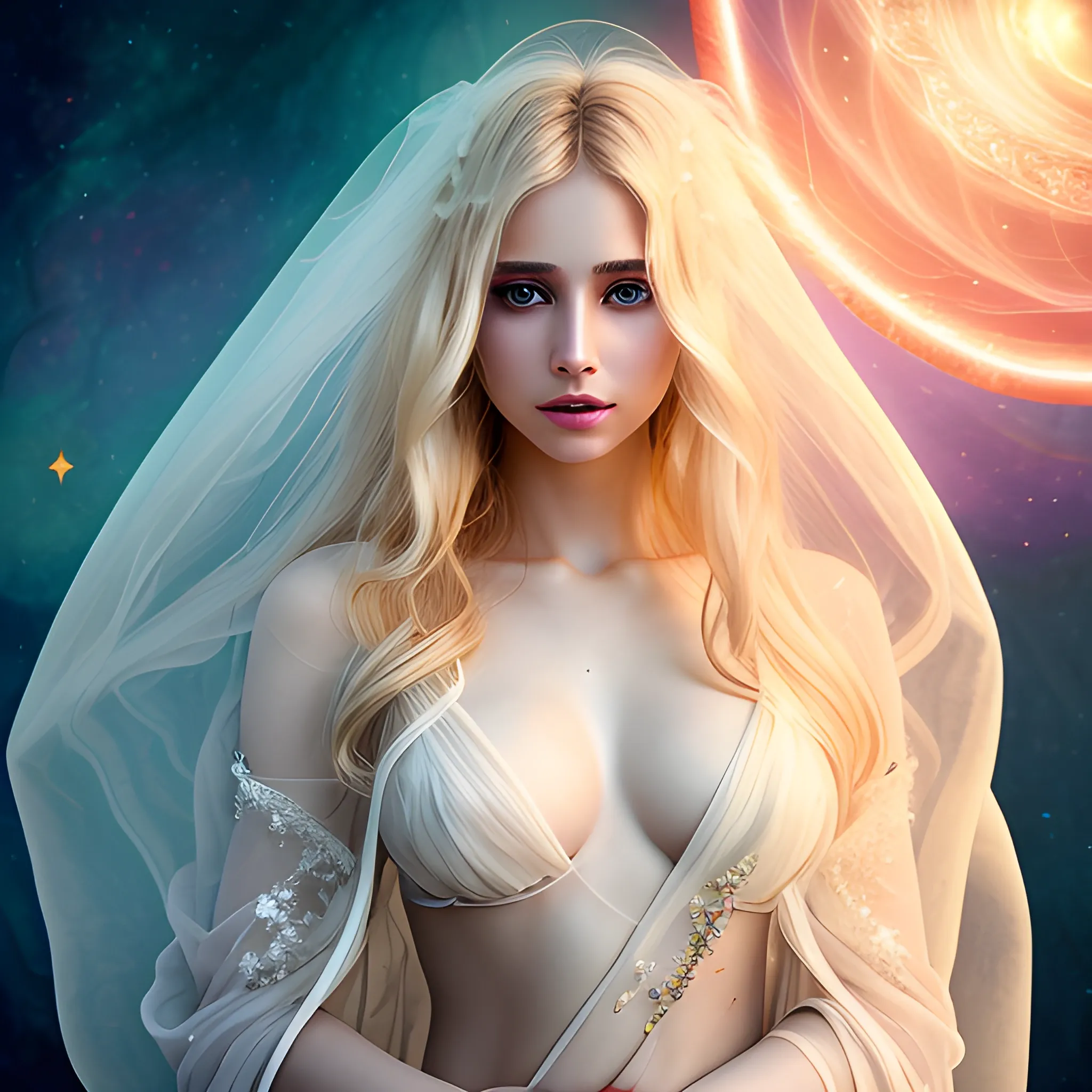 a goddess of sensuality with glowing messy blonde ethereal hair and feminine features and sensual features a translucent cloak very pretty ultra resolution cosmic masterpiece award winning 4k HD with a saree on white model, 