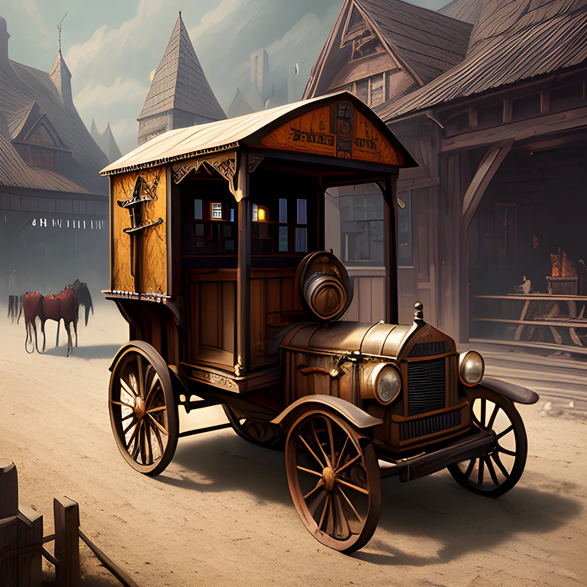 cab, hackney, wooden cab with horses, high fantasy, high resolution, high quality, photorealistic, hyperealistic, detailed, detailed matte painting, deep color, fantastical, intricate detail, splash screen, complementary colors, fantasy concept art, 8k resolution trending on Artstation Unreal Engine 5