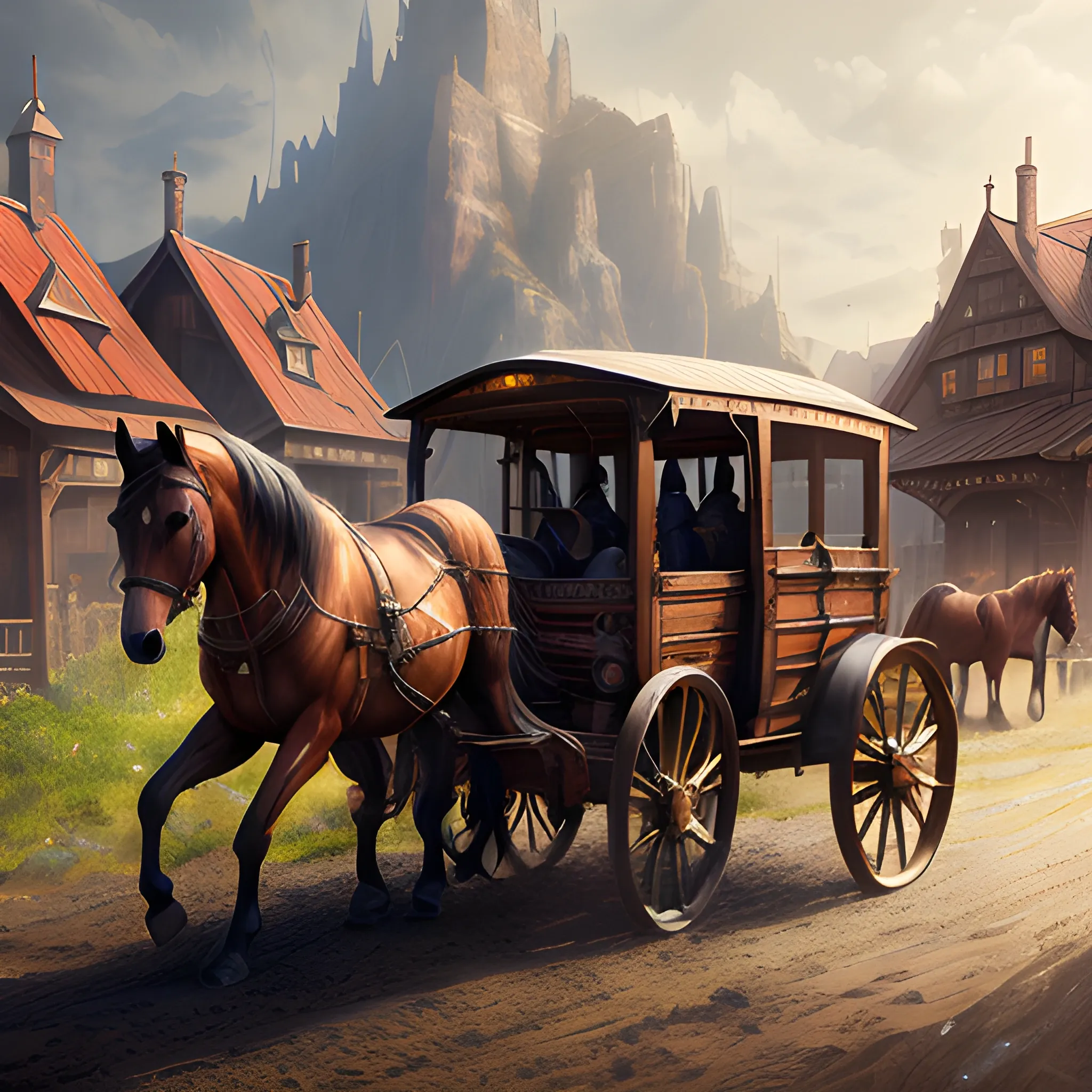 horses, cab, wooden cab with horses, high fantasy, high resolution, high quality, photorealistic, hyperealistic, detailed, detailed matte painting, deep color, fantastical, intricate detail, splash screen, complementary colors, fantasy concept art, 8k resolution trending on Artstation Unreal Engine 5