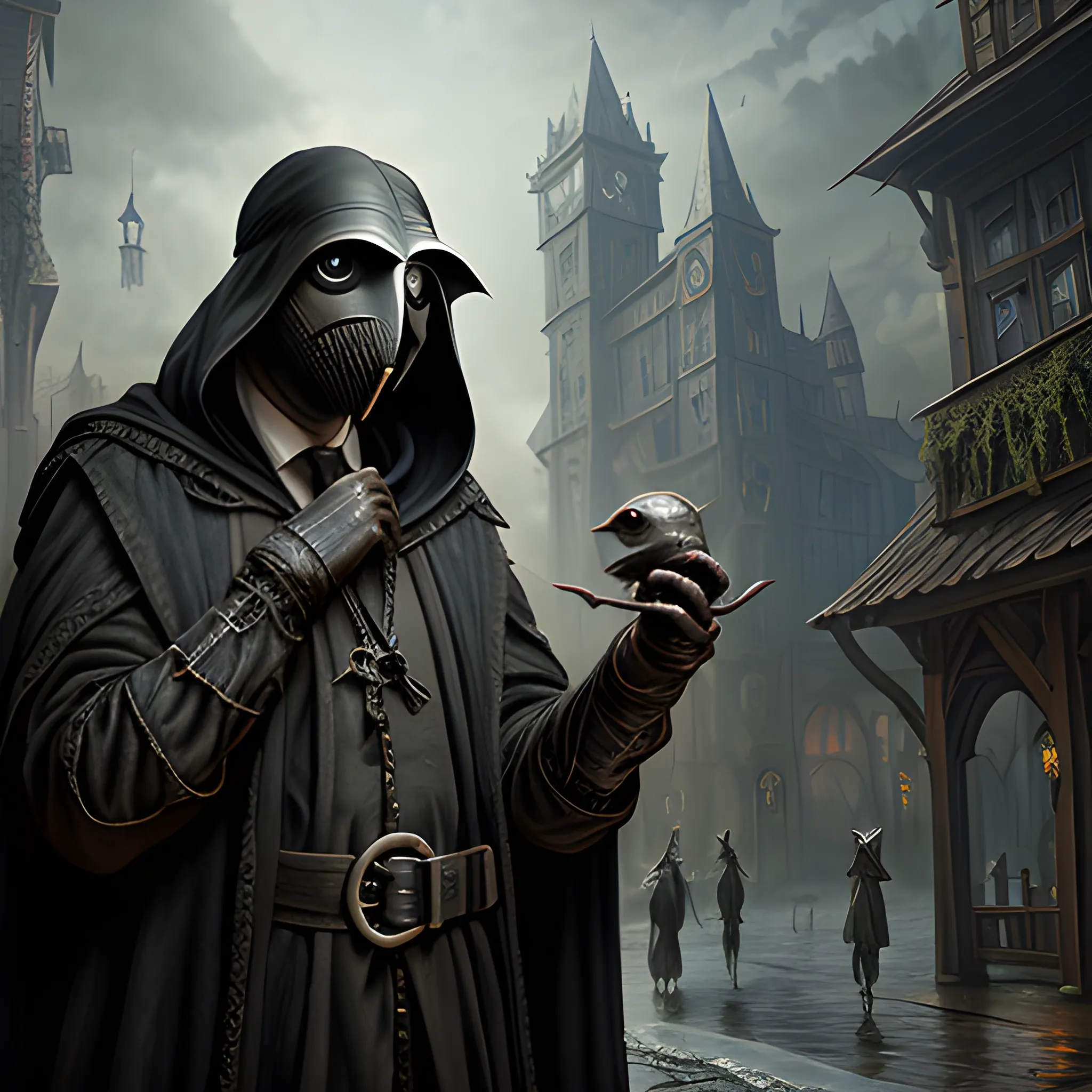 plague doctor, plague doctor is healing somebody, high fantasy, 8k, high resolution, high quality, photorealistic, hyperealistic, detailed, detailed matte painting, deep color, fantastical, intricate detail, splash screen, complementary colors, fantasy concept art, 8k resolution trending on Artstation Unreal Engine 5