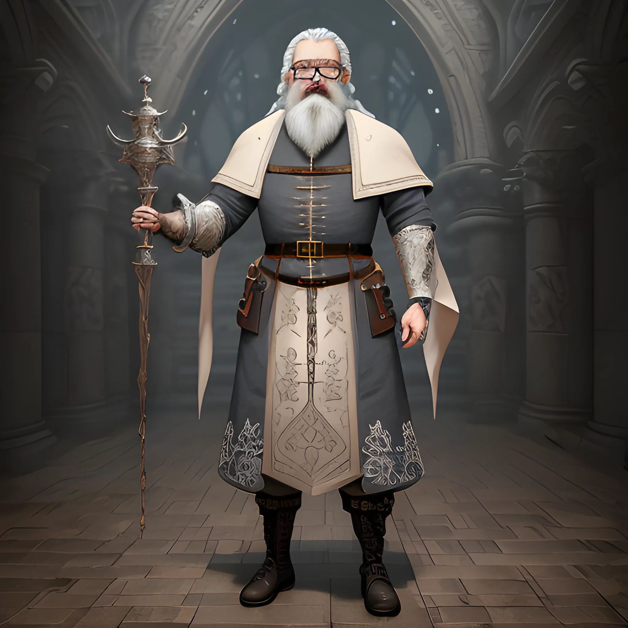 full body view of proffessor in academy, white beard, glasses, insane detailed face, medieval, high fantasy, 8k, high resolution, high quality, photorealistic, hyperealistic, detailed, detailed matte painting, deep color, fantastical, intricate detail, splash screen, complementary colors, fantasy concept art, 8k resolution trending on Artstation Unreal Engine 5