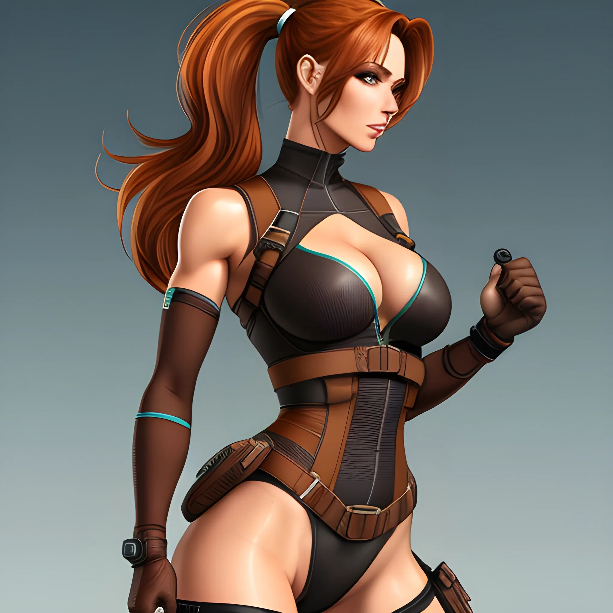 A masterpiece, best quality, high quality, 8K, detailed illustration, perfect anatomy, 1girl, solo, ultra detailed, young woman, brown eyes, Auburn hair in ponytail, turquoise leotard, light brown shorts, calf-high boots, tall white socks, fingerless gloves, backpack, utility belt with holsters on either side, 2 pistols