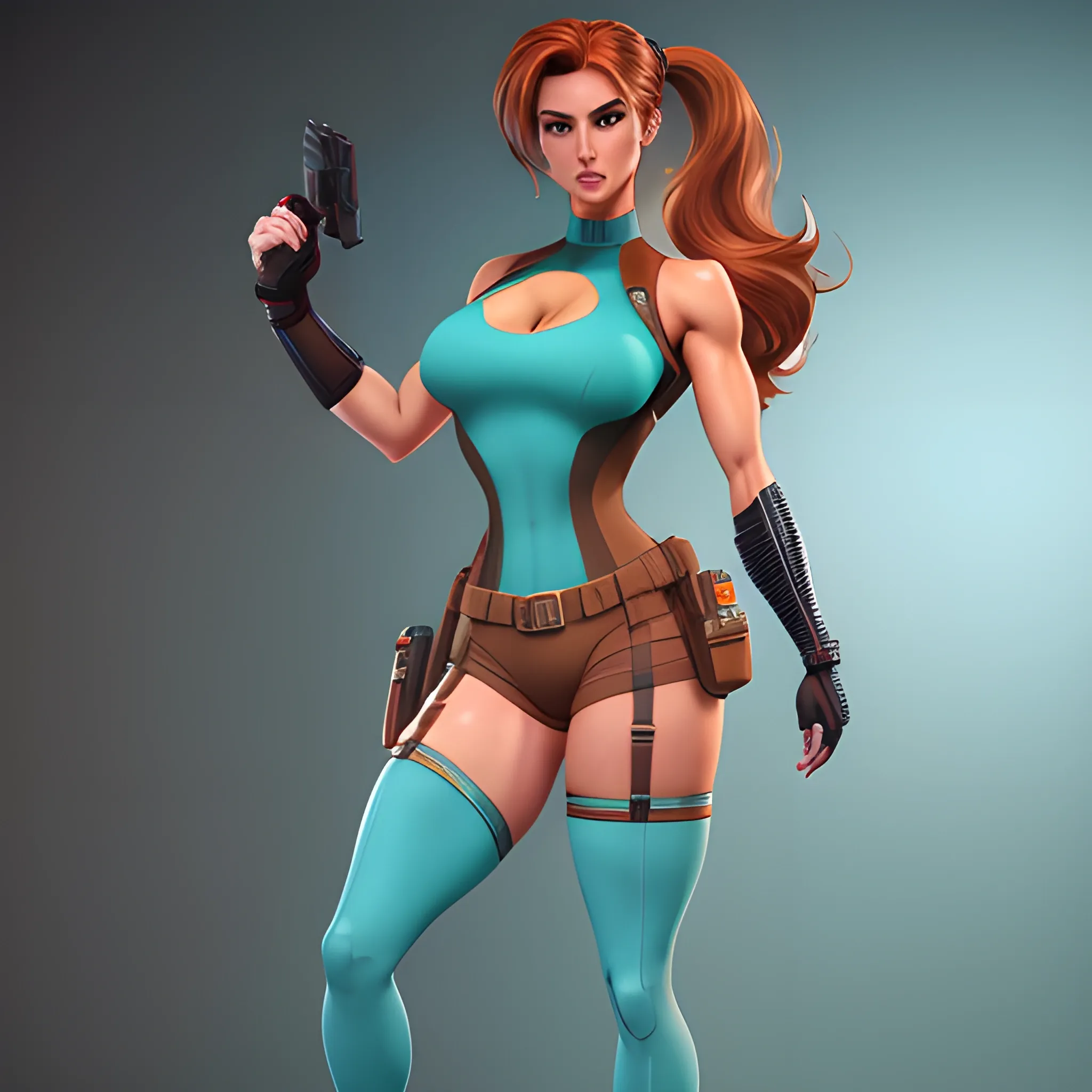 A masterpiece, best quality, high quality, 8K, detailed illustration, perfect anatomy, 1girl, solo, ultra detailed, full body, mascular body, thick thighs, athletic body, young woman, brown eyes, Auburn hair in ponytail, turquoise leotard, light brown shorts, calf-high boots, tall white socks, fingerless gloves, backpack, utility belt with holsters on either side, 2 pistols