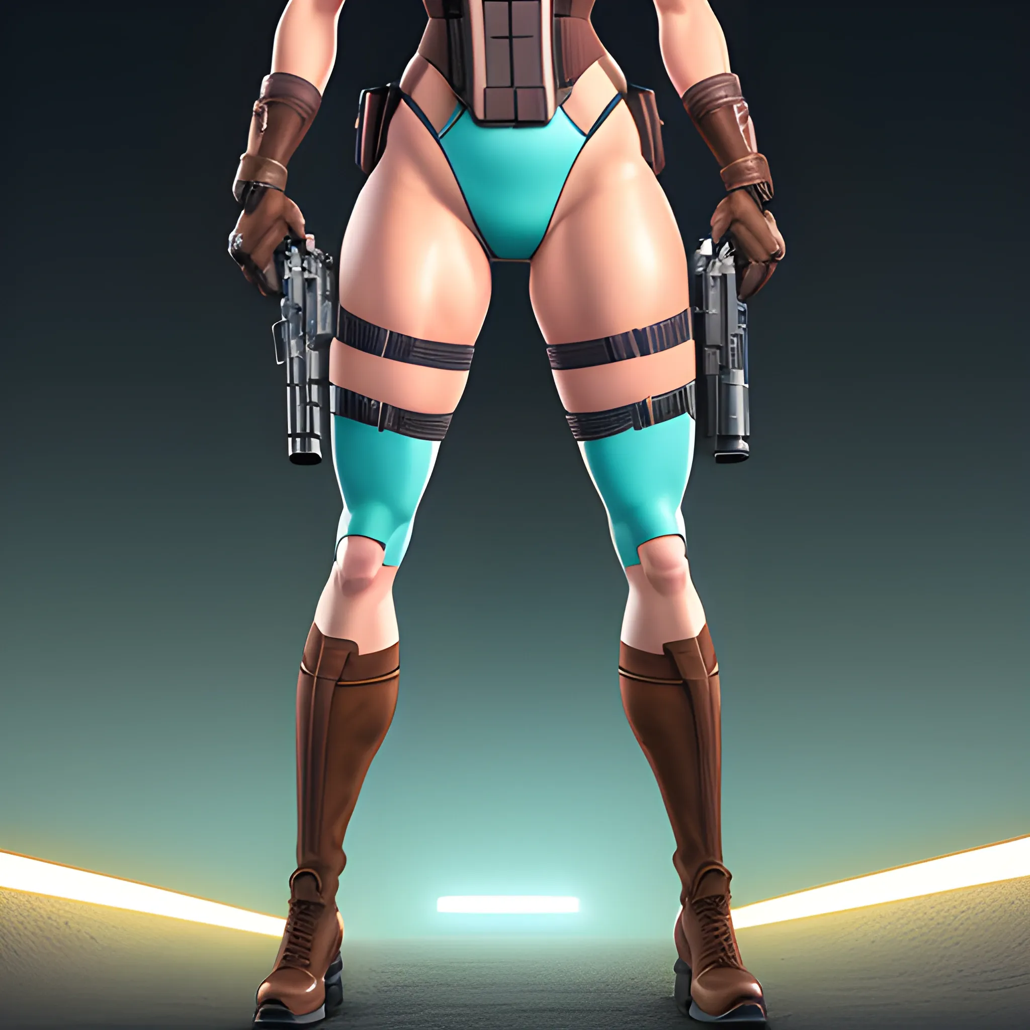 A masterpiece, best quality, high quality, 8K, detailed illustration, perfect anatomy, 1girl, solo, ultra detailed, full body, mascular body, thick thighs, athletic body, young woman, brown eyes, Auburn hair in ponytail, turquoise leotard, light brown shorts, calf-high boots, tall white socks, fingerless gloves, backpack, utility belt with holsters on either side, 2 pistols, Cartoon