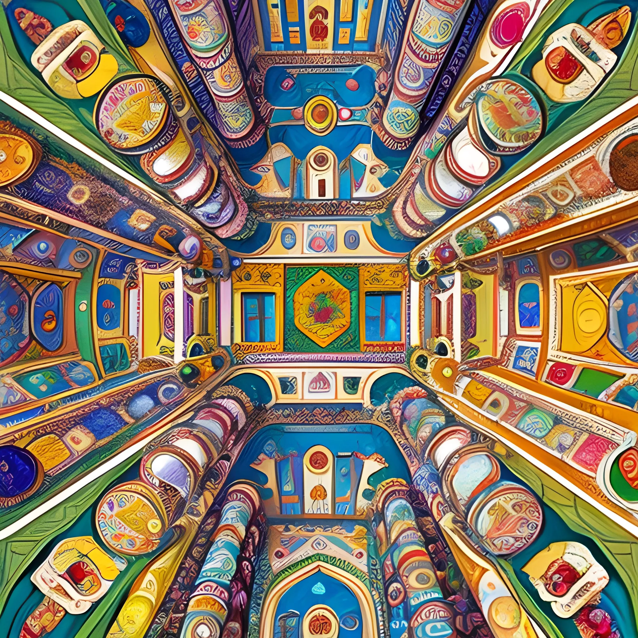 a crowded scene in an turkish moskee, open plan, top view, by jeff carslile, colorful, intricate, highly detailed, rich colors,  cartoonish, studio ghibli, where's waldo style