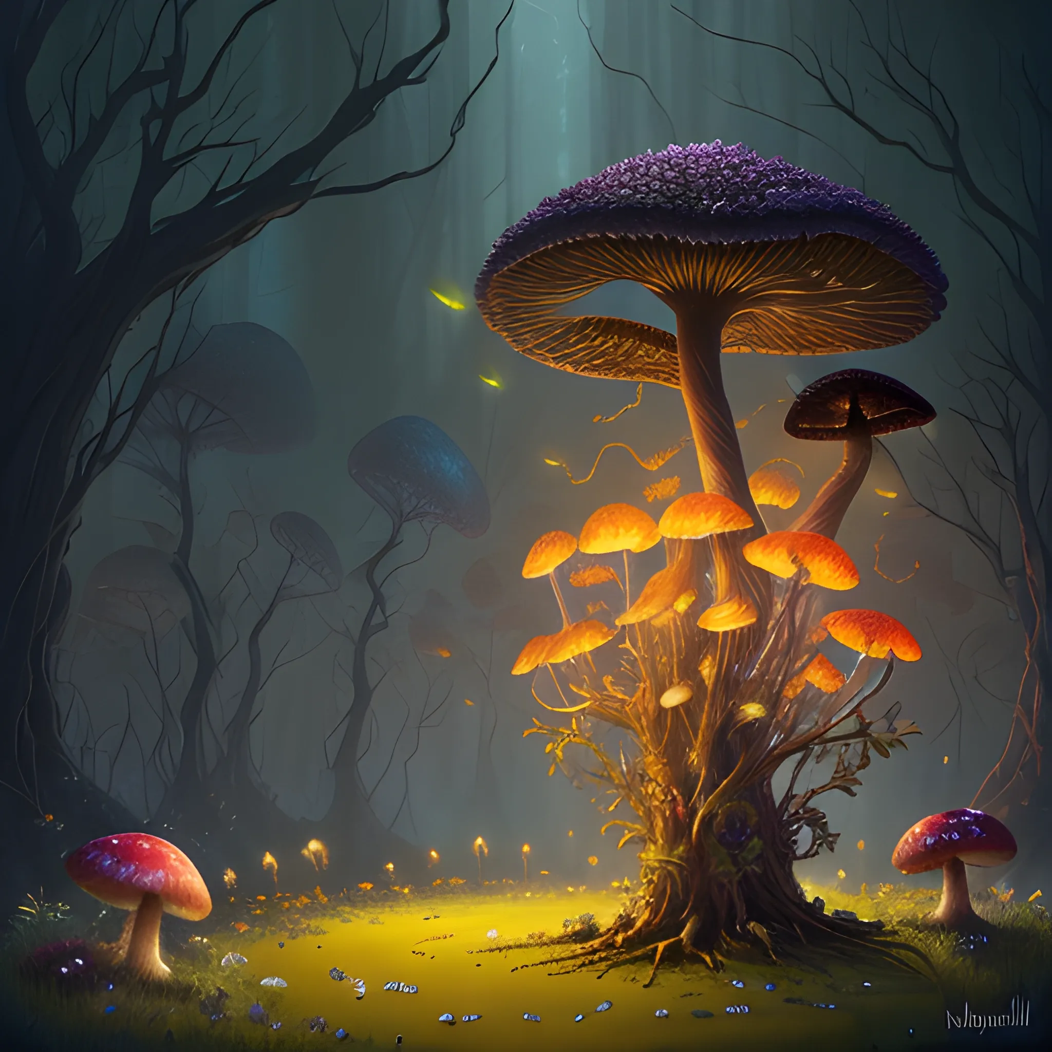 a beautiful digital landscape painting of a detailed gothic fantasy fireflies and roots, dark mushroom, flowers by benoit b. mandelbrot, steven belledin, martin johnson heade, lee madgwick, caspar david friedrich, and david rios ferreira. 8 k resolution trending on artstation concept art digital illustration 