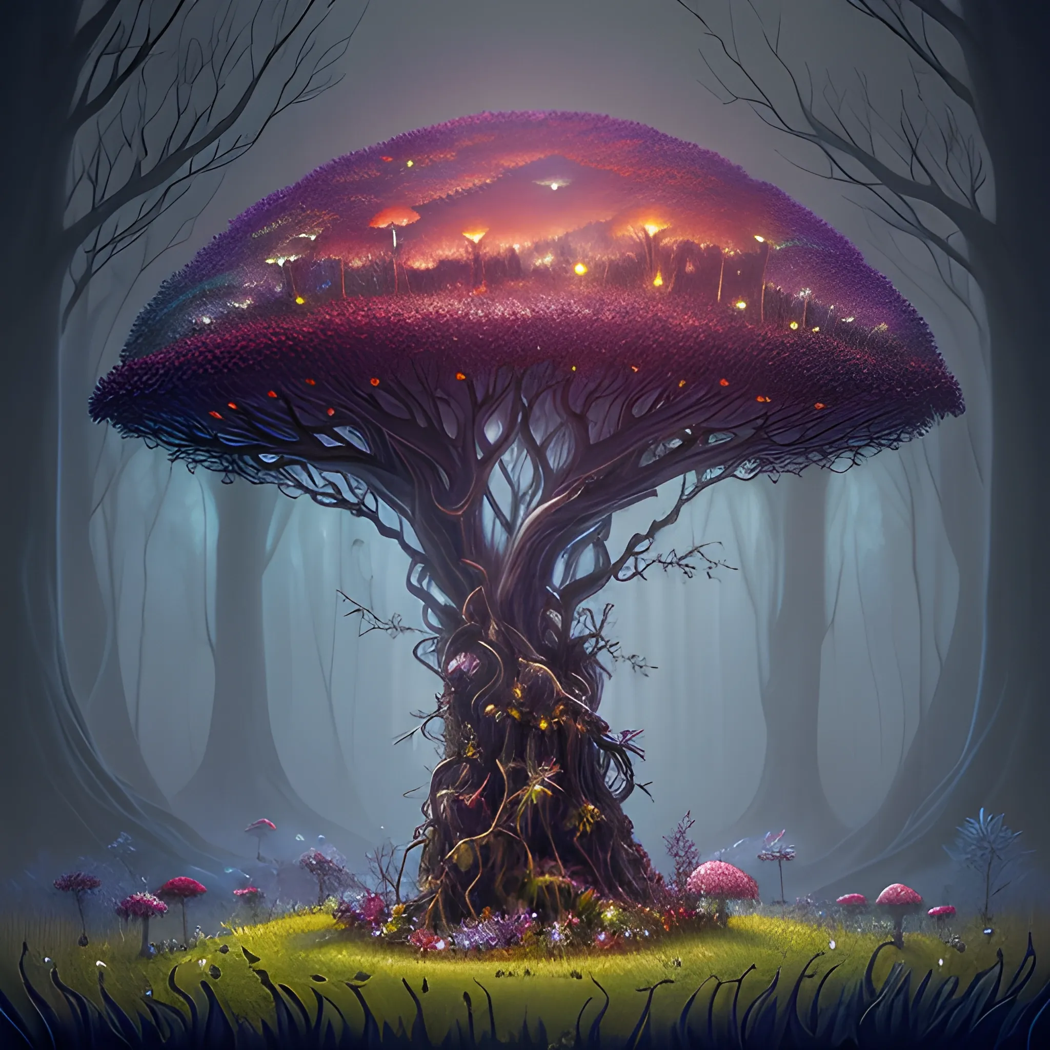 a beautiful digital landscape painting of a detailed gothic fantasy fireflies and roots, dark mushroom, flowers by benoit b. mandelbrot, steven belledin, martin johnson heade, lee madgwick, caspar david friedrich, and david rios ferreira. 8 k resolution trending on artstation concept art digital illustration 