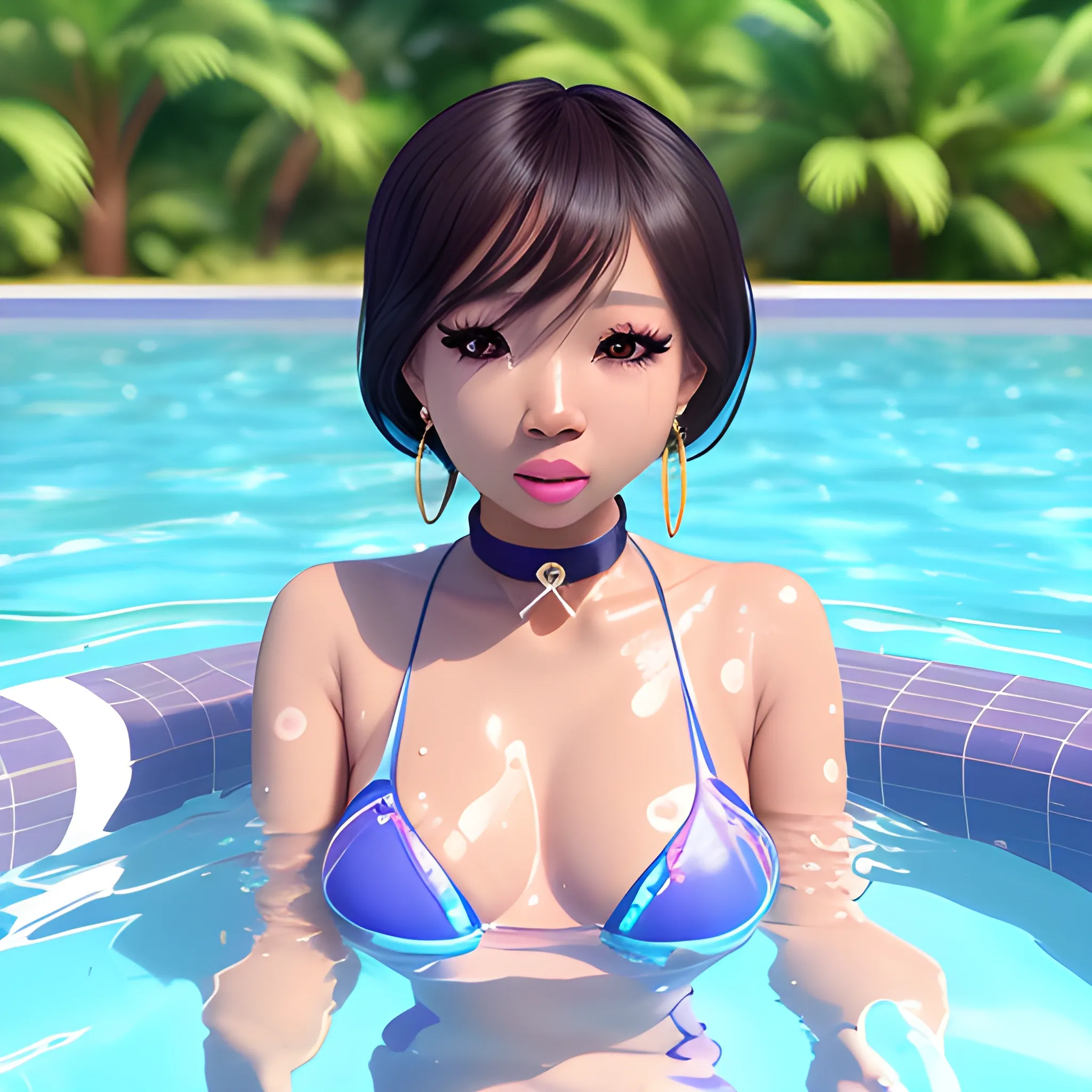 3D  kawaii, 4k, best quality, blasian, in the pool, cute expression, hourglass figure,  makeup, sharp focus, soft lighting, choker, earrings, long  flowy hair