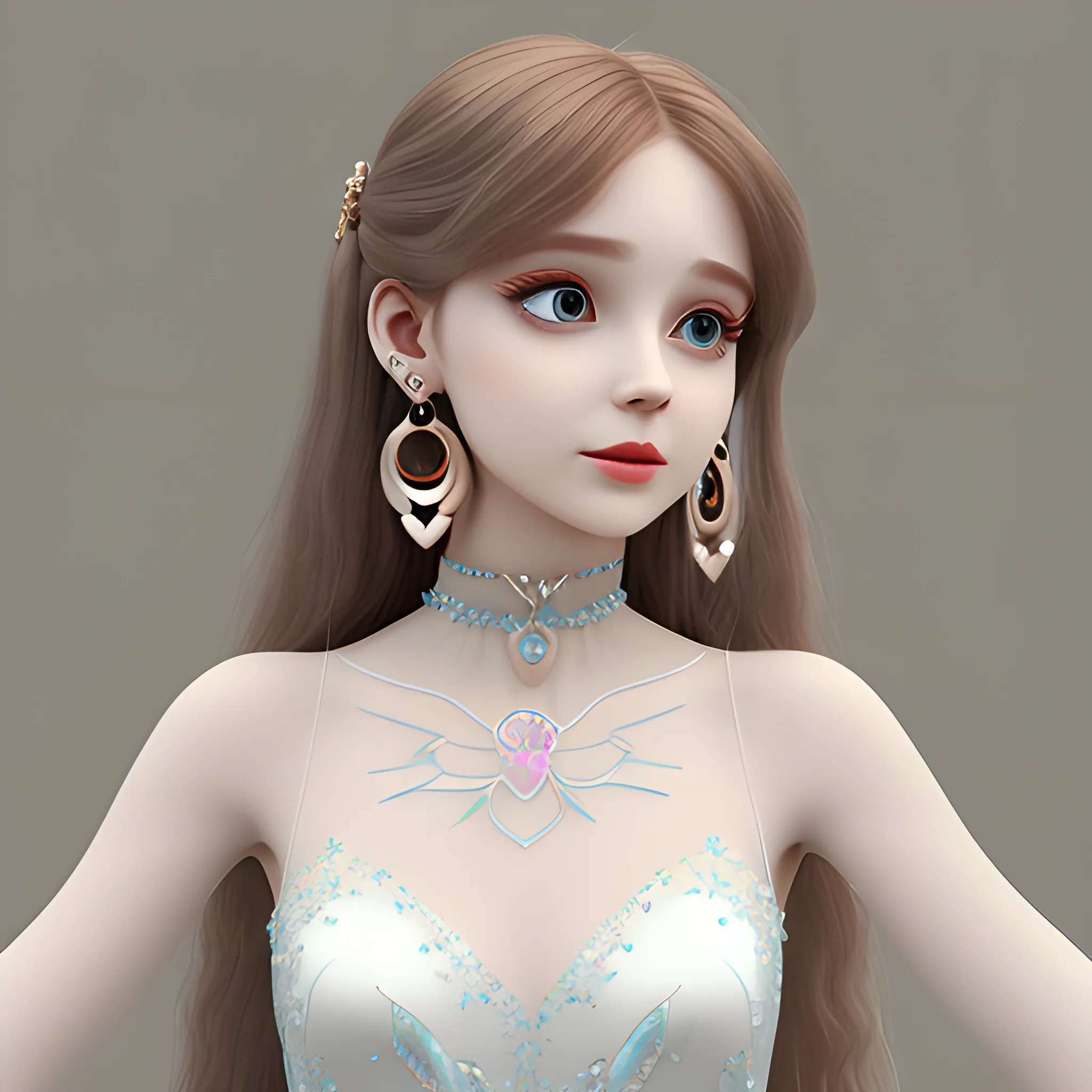 3d  ethereal feature, cute expression, hourglass choker, earrings, long  flowy hair