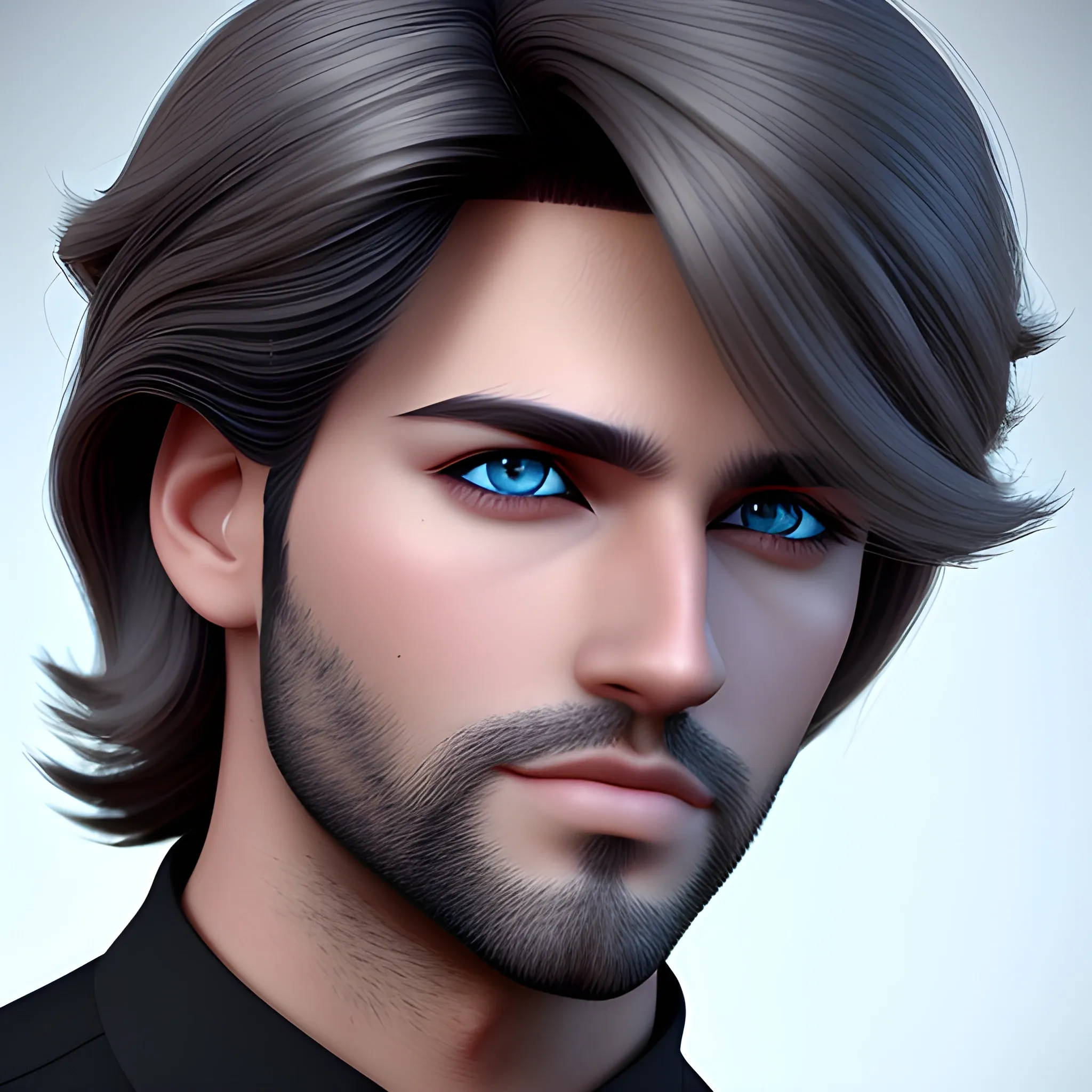 3d  handsome feature , hetorochromic eyes, 3D, male, soft  feature, long luscious  hair ,tall , softeboy 