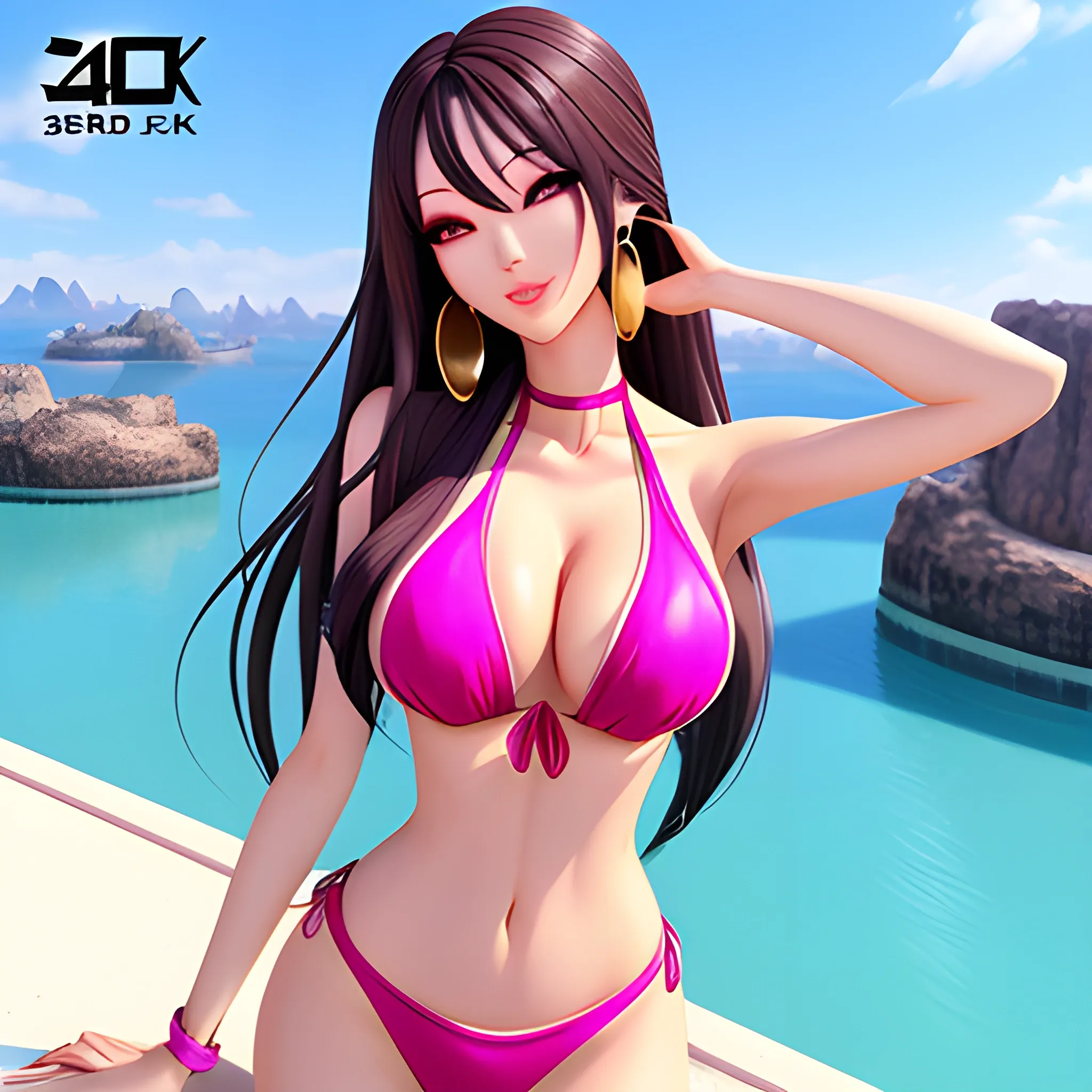 , 3D, 4k, best quality, asain, 3girl bikini, cute expression, hourglass figure, makeup earrings, long hair, anime 