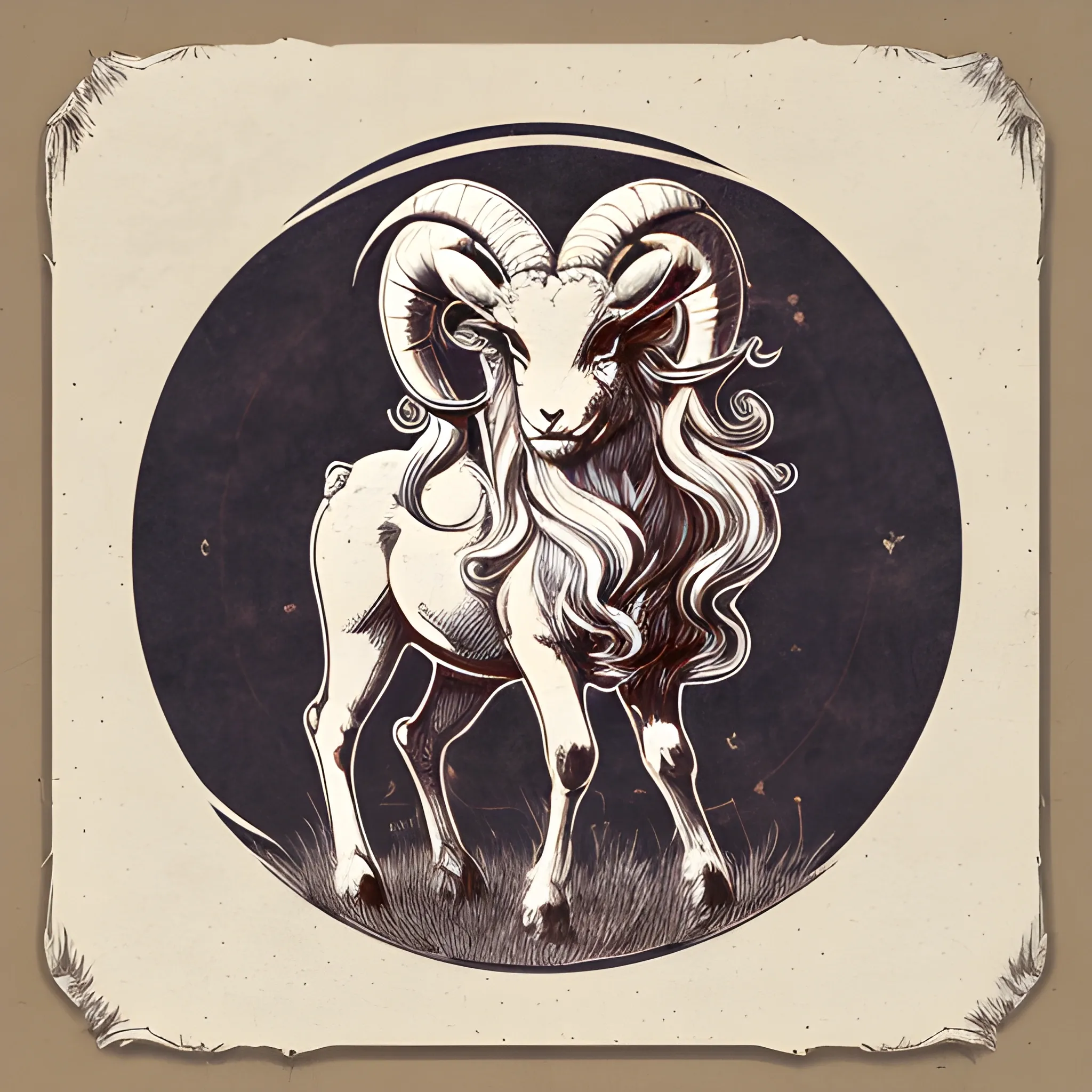 A detailed illustration, shion of aries, night, clean focus , full shot splash, comic, flat design, colorful shades, highly detailed, clean, vector image, flat white background, vibrant, vector, vintage, rustic, distressed texture, faded colors, line art, engraving style, background white, no shadows, 16k, focus, deviant art masterpiece. proportional