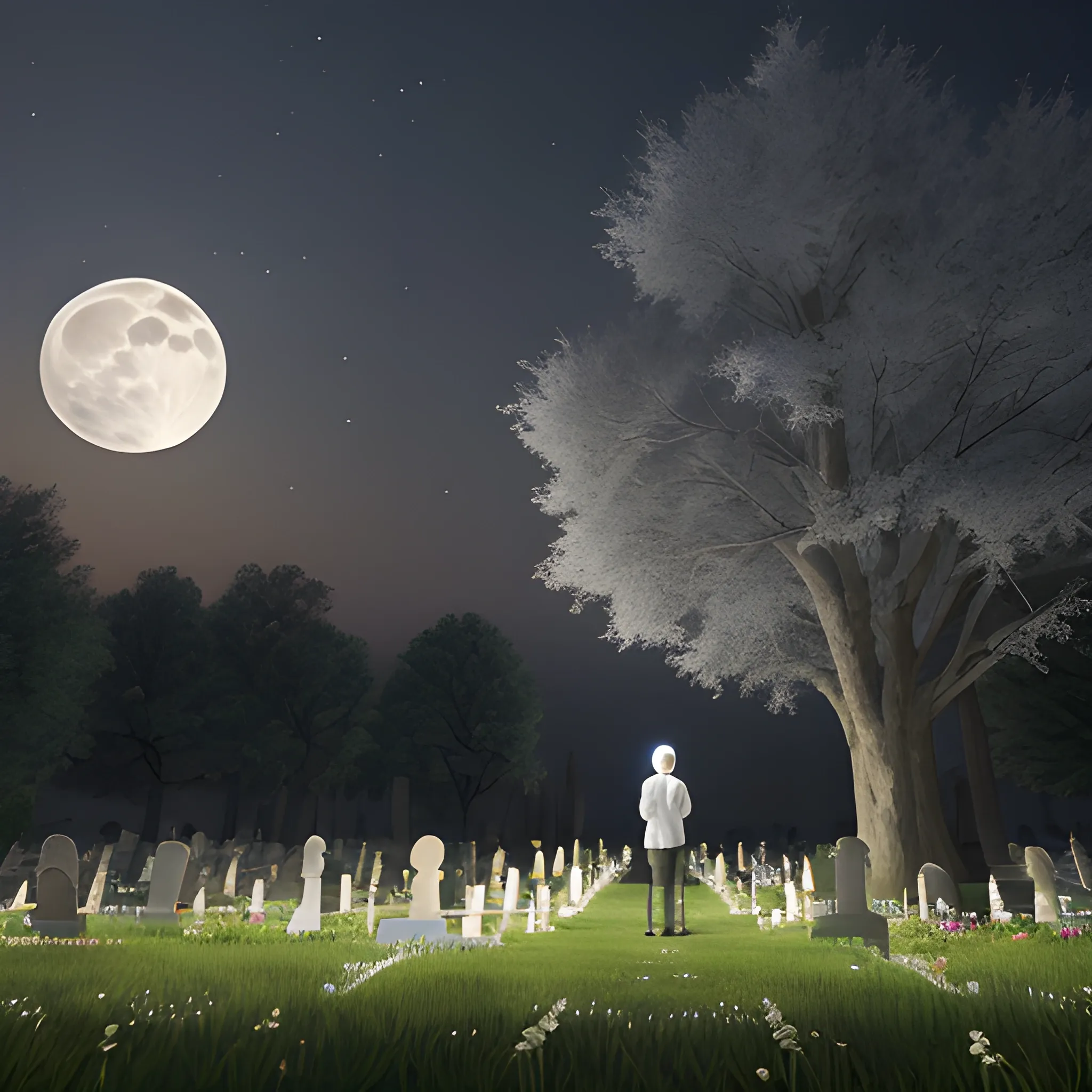 Man standing in a cemetery in the early morning of a clear full moon night. The man has a flowered rod in his hand. The flowers of the vasra are pierced by a moonbeam. (Four-story white vaults); raised hand with the flowered rod. Casual clothing. MIRK night. Mystery. ultra realistic 4k