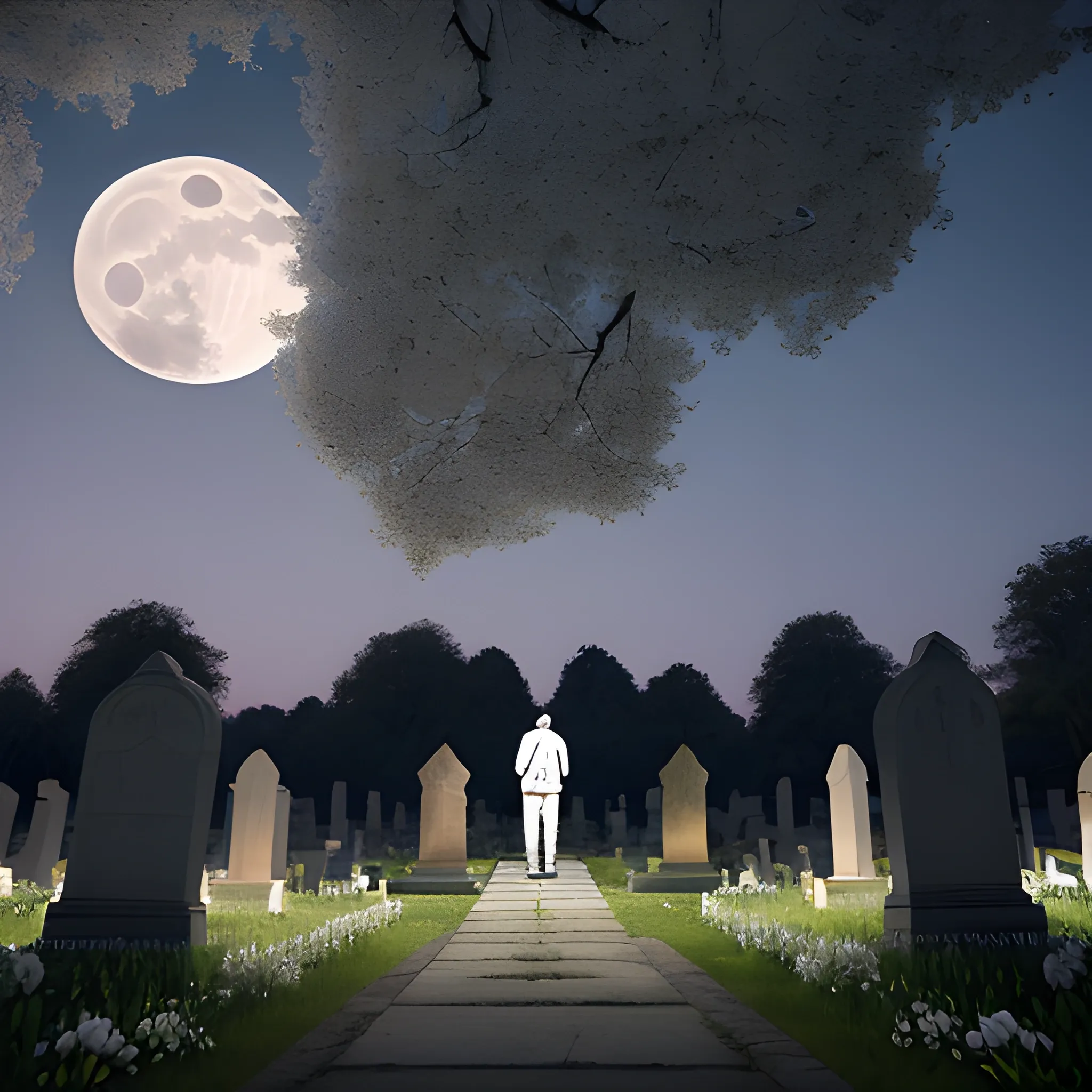 Man standing in a cemetery in the early morning of a clear full moon night. The man has a flowered rod in his hand. The flowers of the vasra are pierced by a moonbeam. (Four-story white vaults); raised hand with the flowered rod. Casual clothing. MIRK night. Mystery. ultra realistic 4k