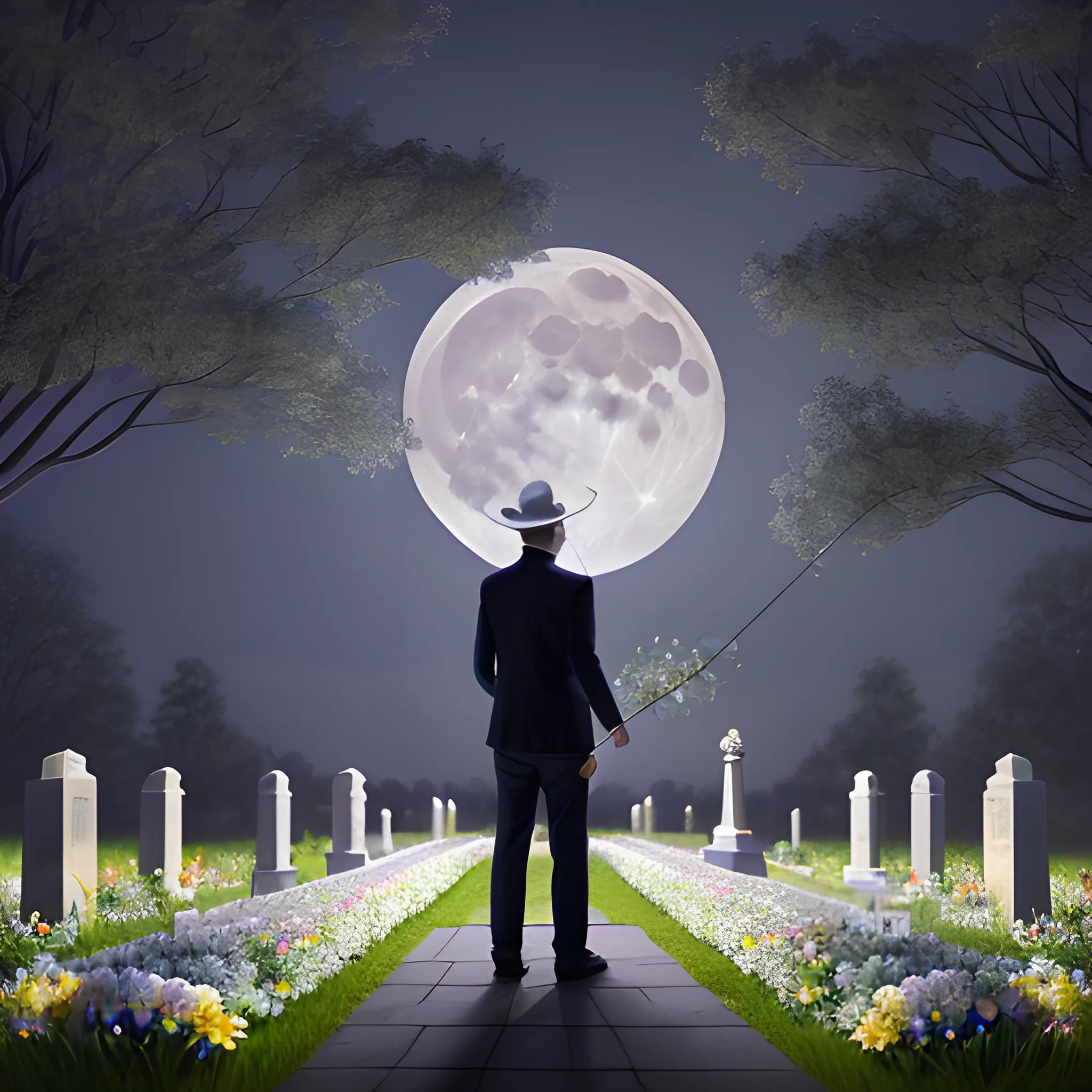 Man standing in a cemetery in the early morning of a clear full moon night. The man has a flowered rod in his hand. The flowers of the vasra are pierced by a moonbeam. (Four-story white vaults); raised hand with the flowered rod. Casual clothing. MIRK night. Mystery. ultra realistic 4k, Oil Painting