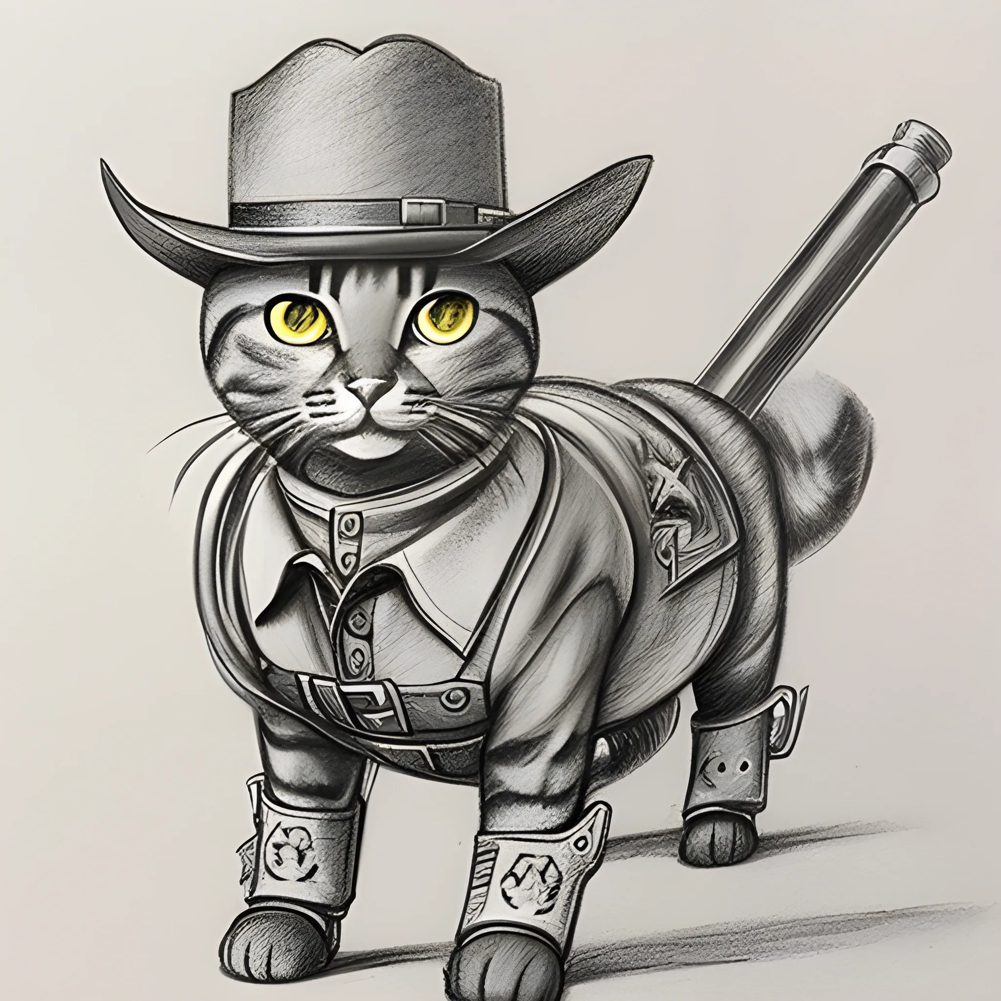 un gato de pie con botas de vaquero, Pencil Sketch