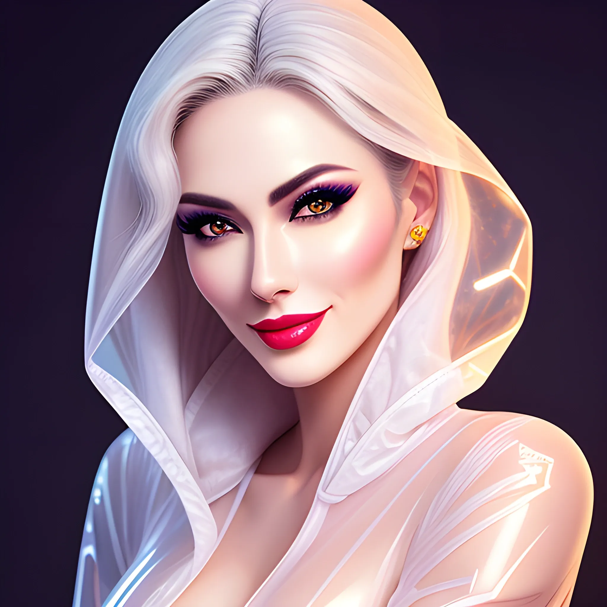 masterpiece, best quality, beautiful girl with beautiful sensuous eyes, sensuous smile, kawaii hair, light makeup, realistic face, detailed skin, Wearing transparent-plastic jacket, nightpub, 

