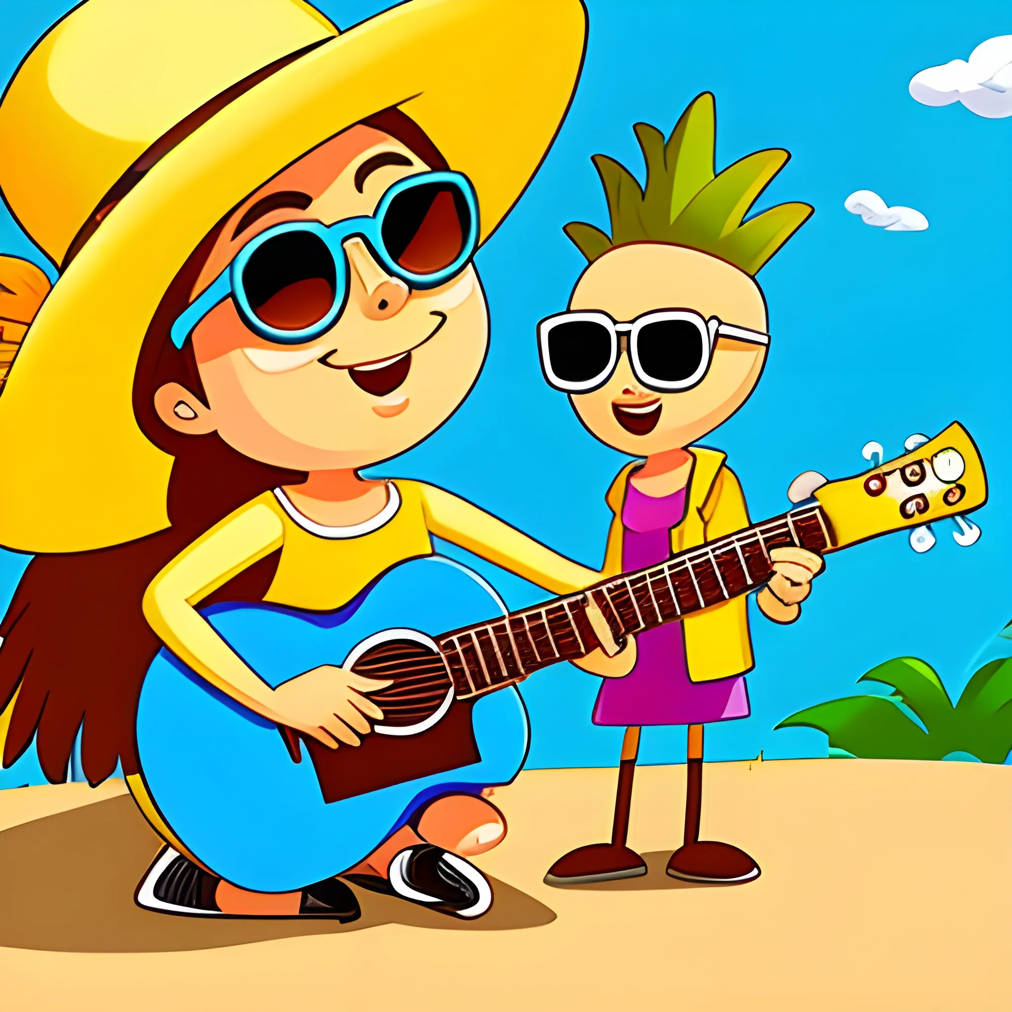 una piña con lentes de sol tocando la guitarra, Cartoon