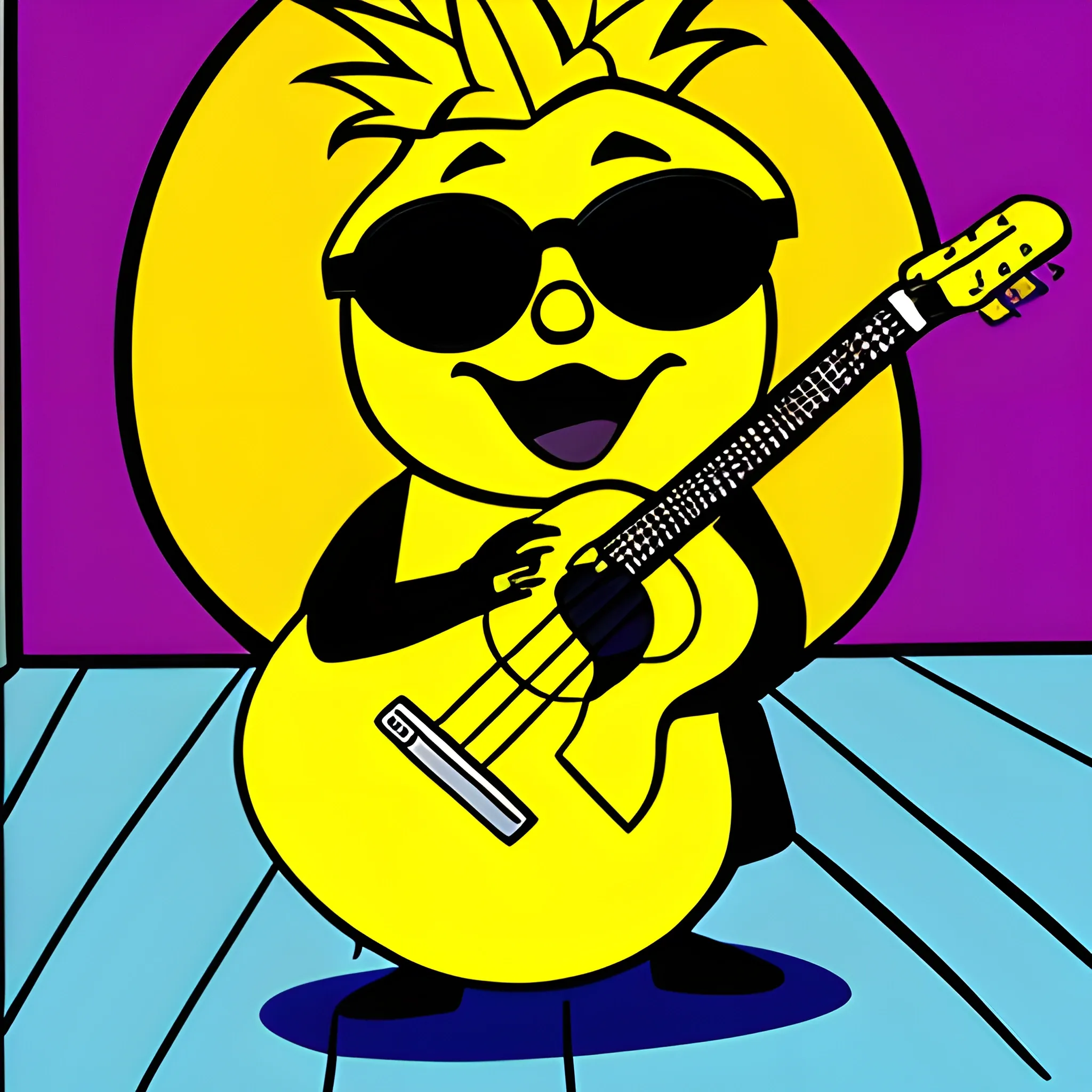 A yellow pineapple playing the guitar. Sunglasses., Cartoon