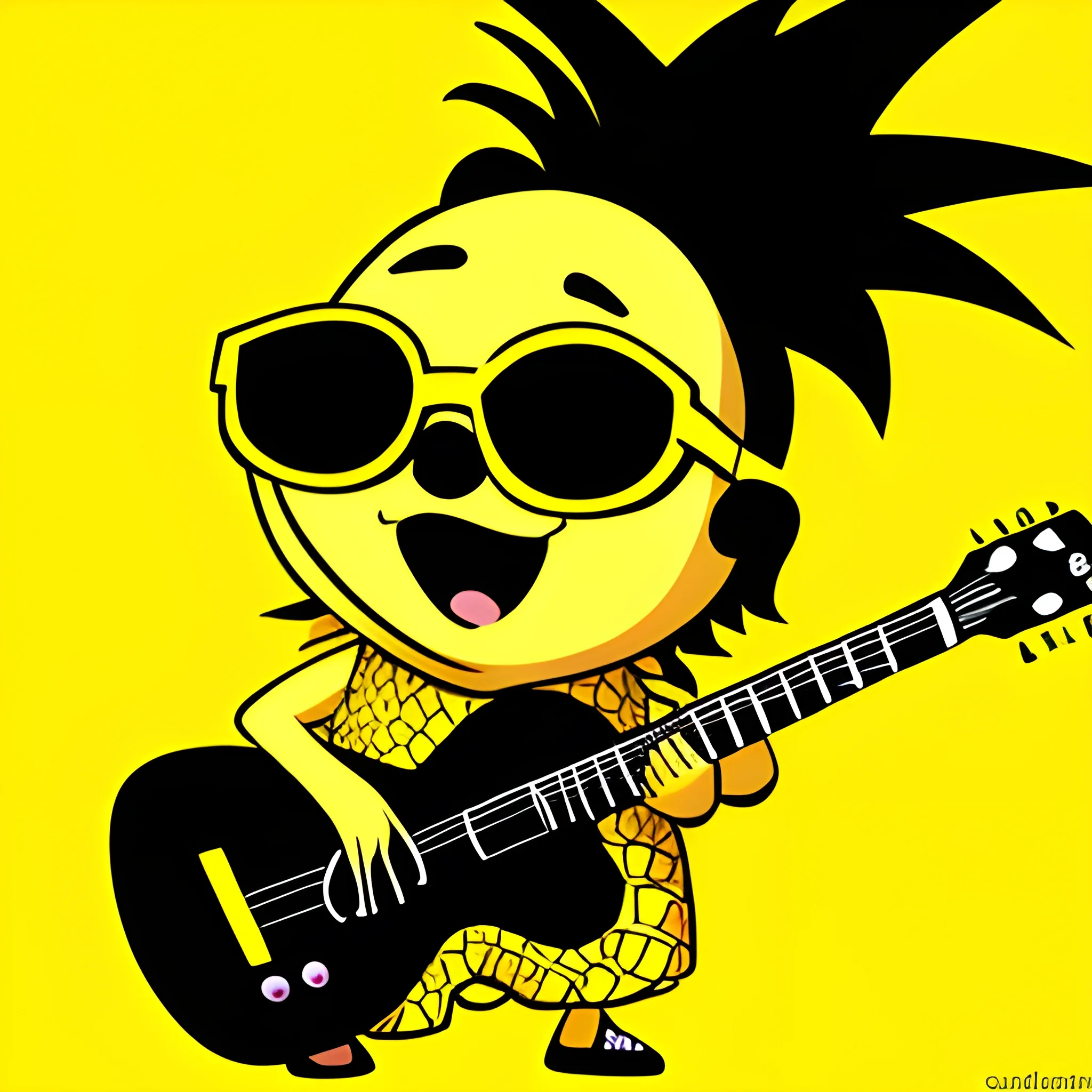 A yellow pineapple playing the guitar. Sunglasses., Cartoon