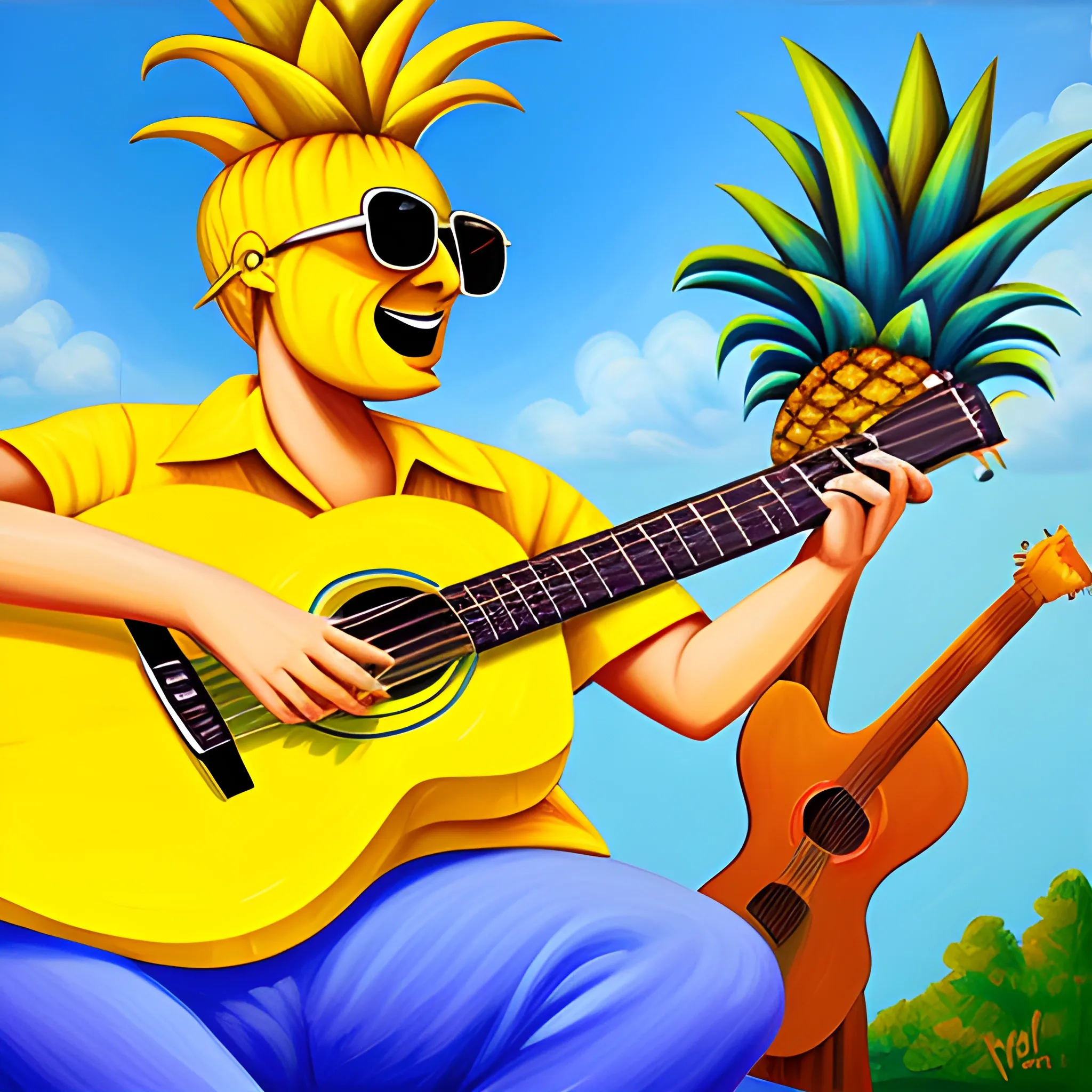 A yellow pineapple playing the guitar. Sunglasses., Cartoon, Oil Painting