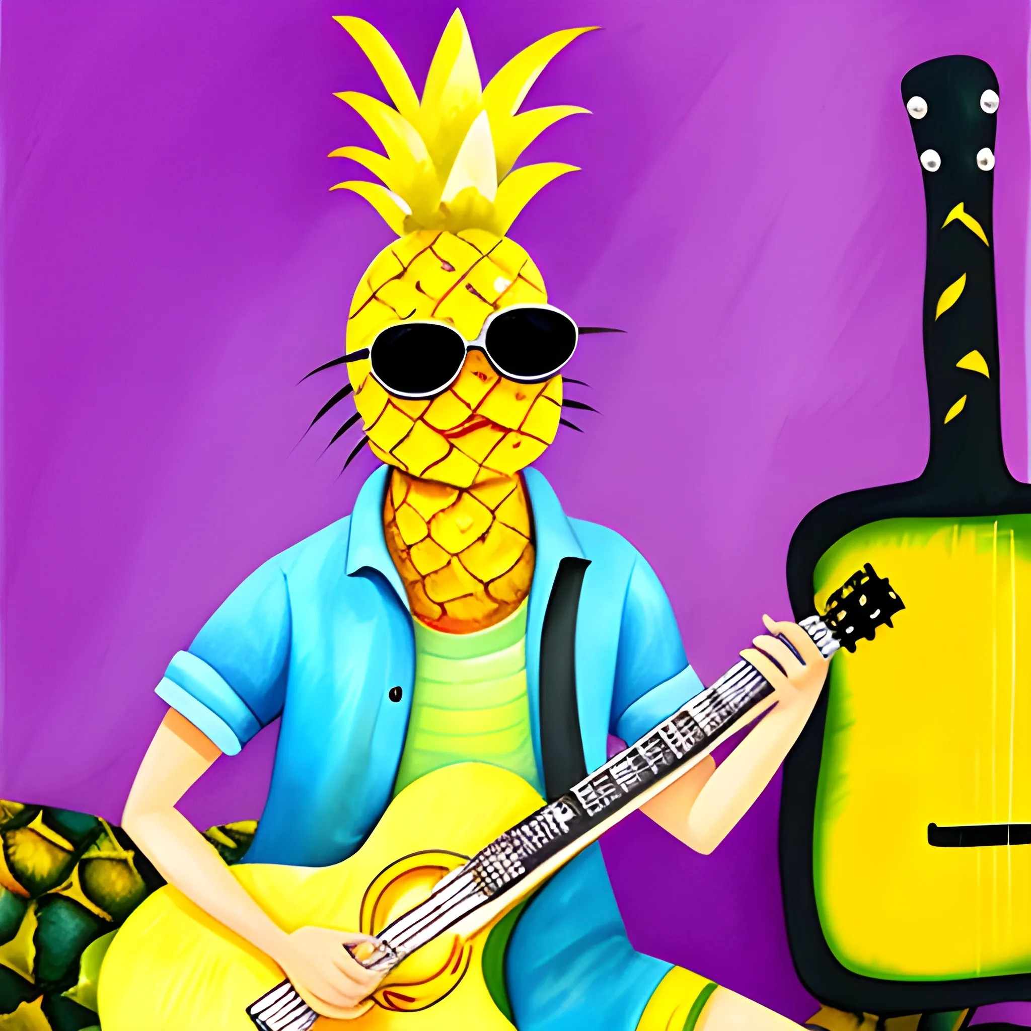 A yellow pineapple playing the guitar. Sunglasses., Cartoon, Oil Painting, Water Color