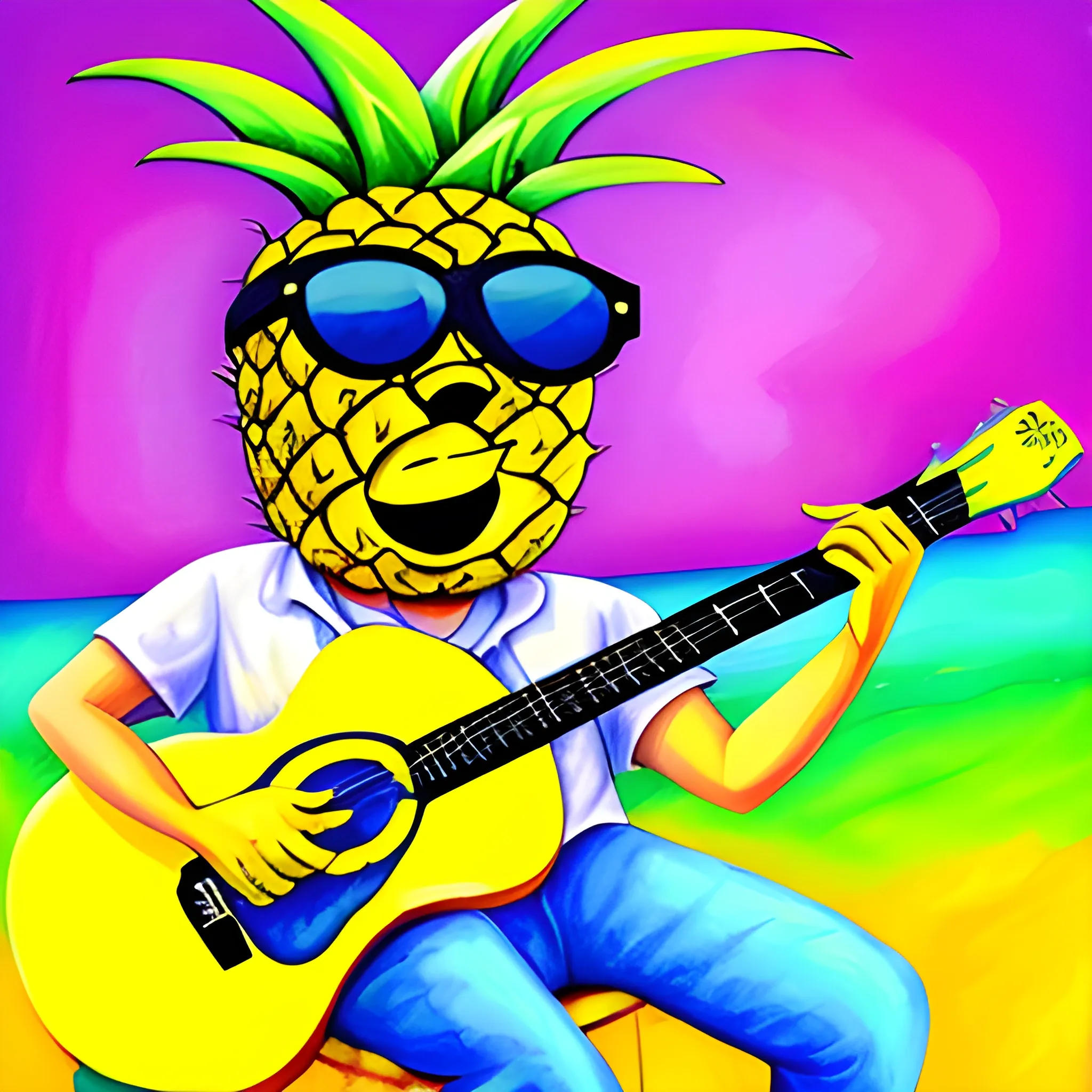 A yellow pineapple playing the guitar. Sunglasses., Cartoon, Oil Painting, Water Color, Trippy