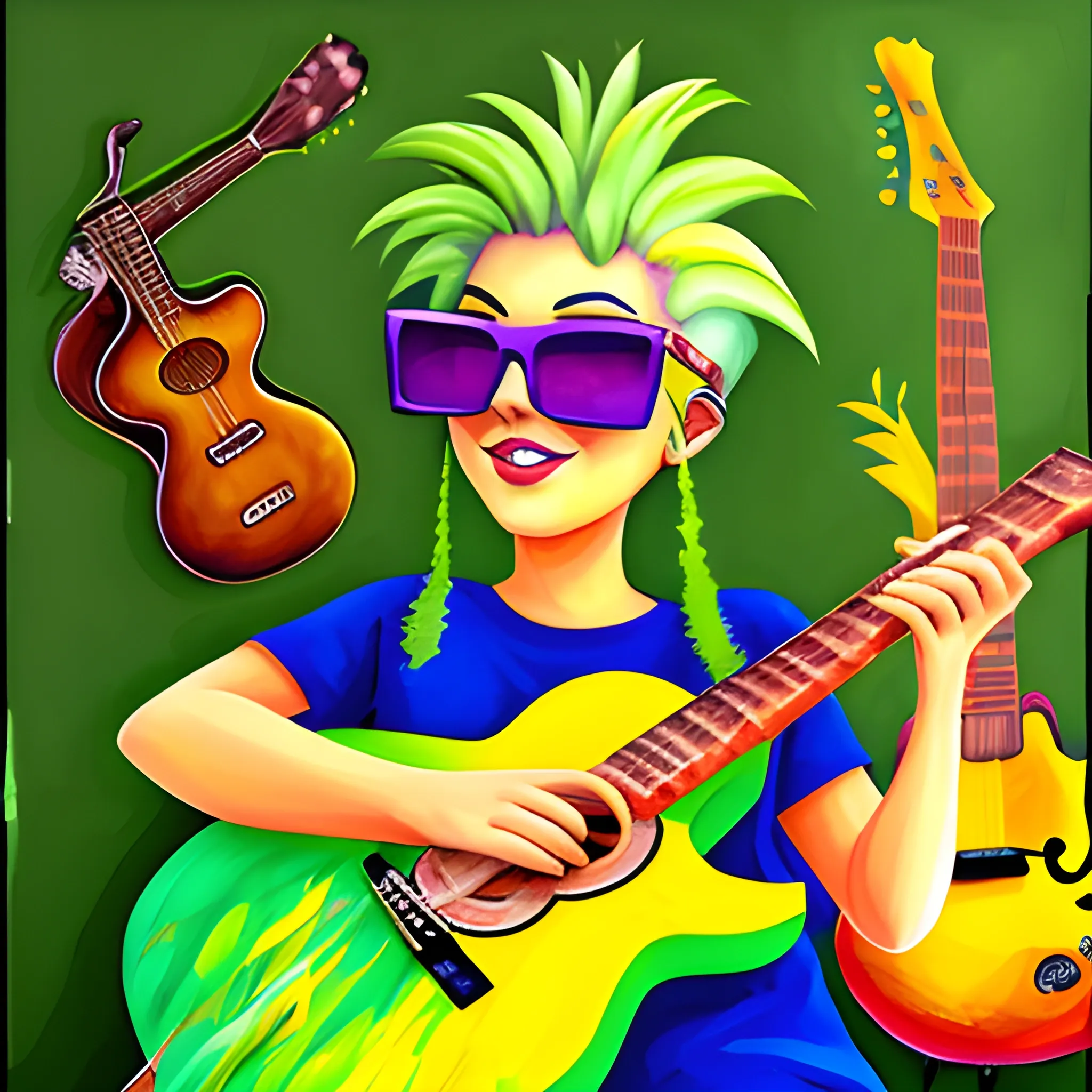 A yellow pineapple playing the guitar. Sunglasses., Cartoon, Oil Painting, Water Color, Green hair. Trippy, 3D