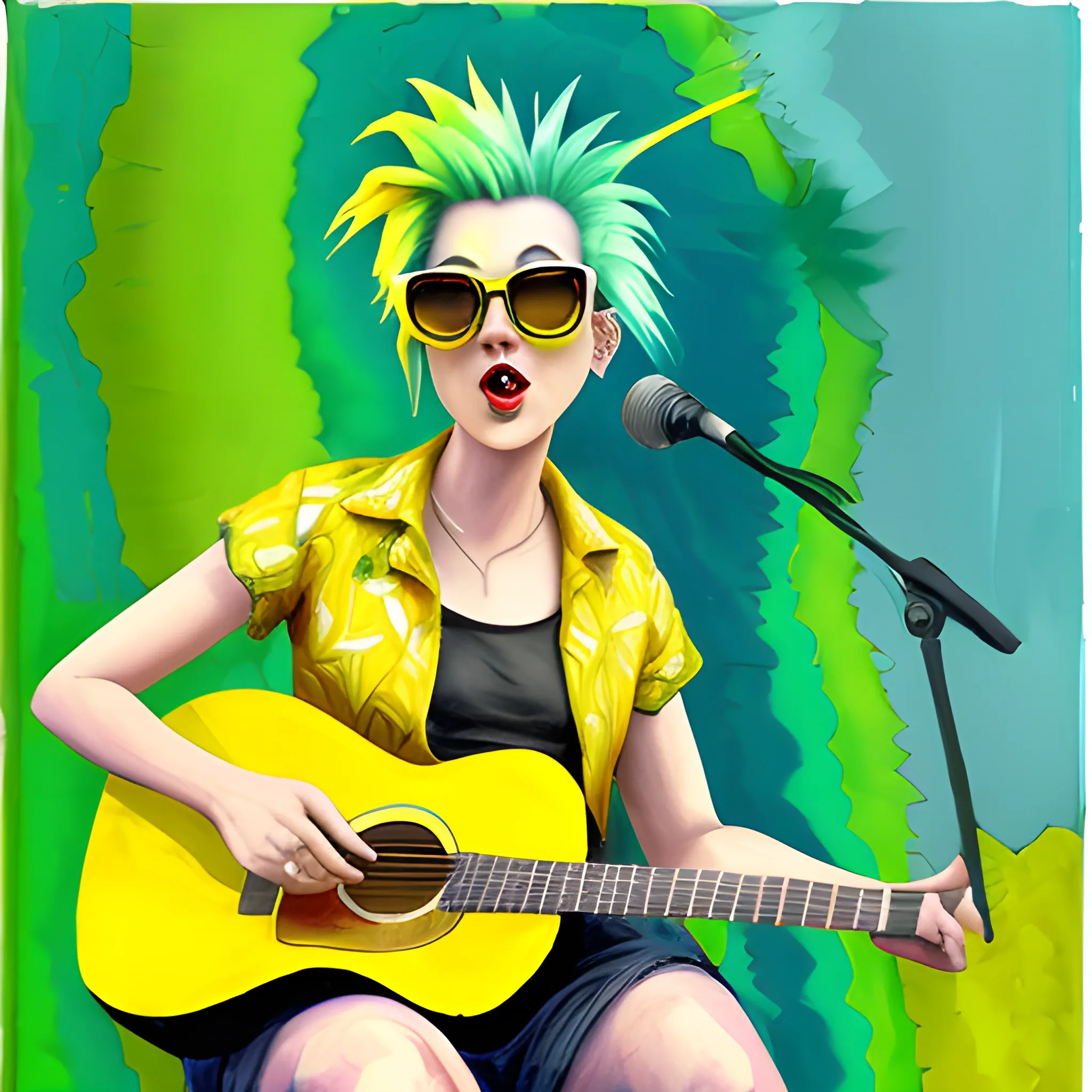 A yellow pineapple playing the guitar. Sunglasses., Cartoon, Oil Painting, Water Color, Green hair. Trippy, 3D, Oil Painting