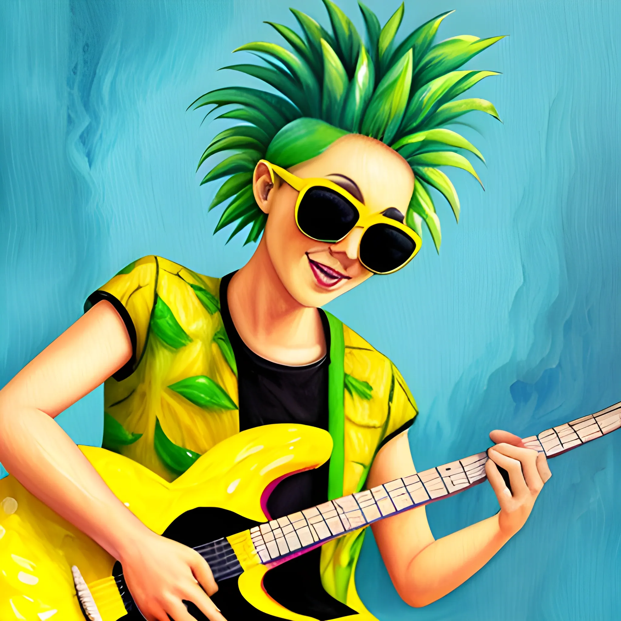 A yellow fruit pineapple playing the guitar. Sunglasses., Cartoon, Oil Painting, Water Color, Green hair. Trippy, 3D, Oil Painting, Cartoon