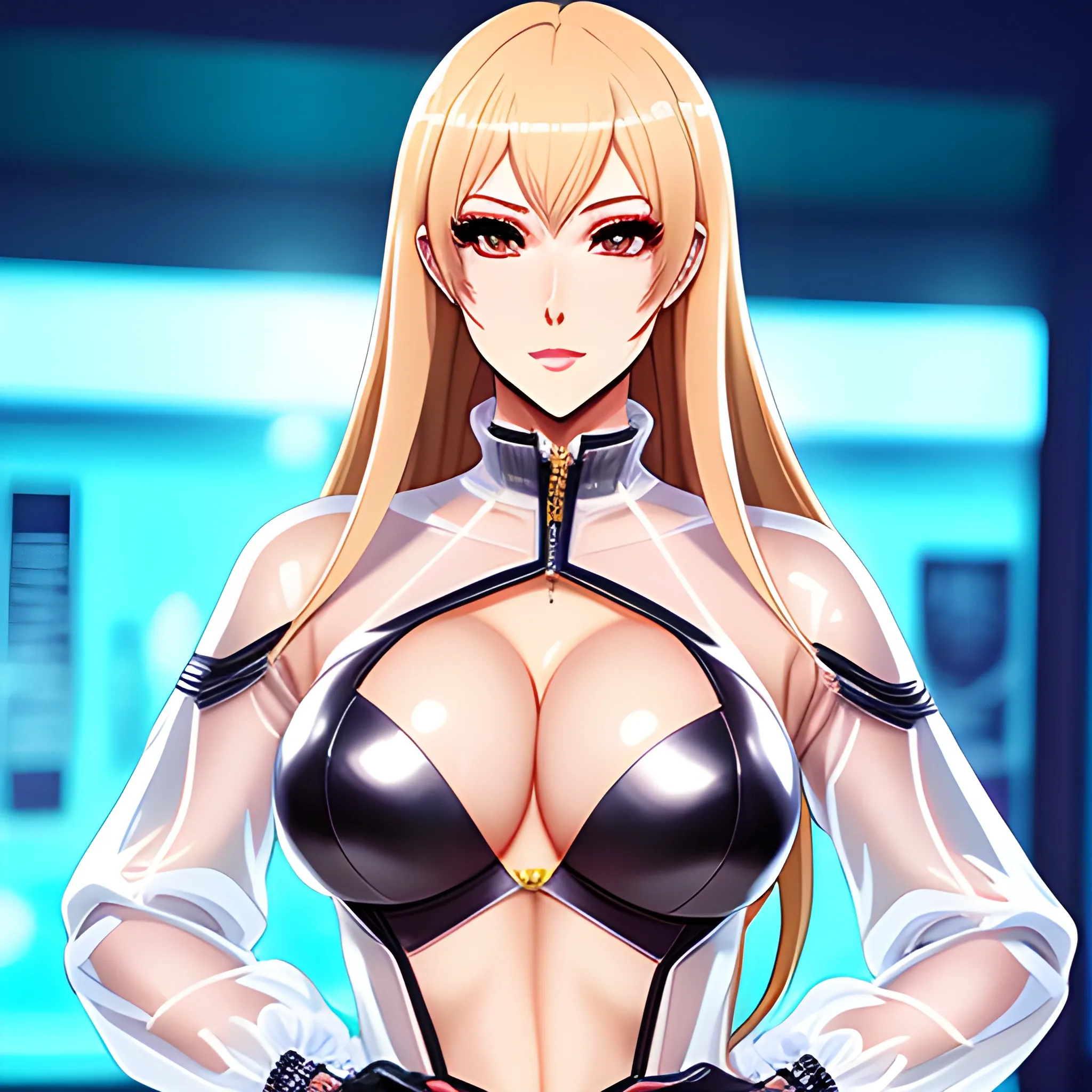 anime,full body,masterpiece, best quality, beautiful anime girl with beautiful sensuous eyes, sensuous smile, kawaii hair, light makeup, realistic face, detailed skin, Wearing transparent-plastic jacket, nightpub, 
full body