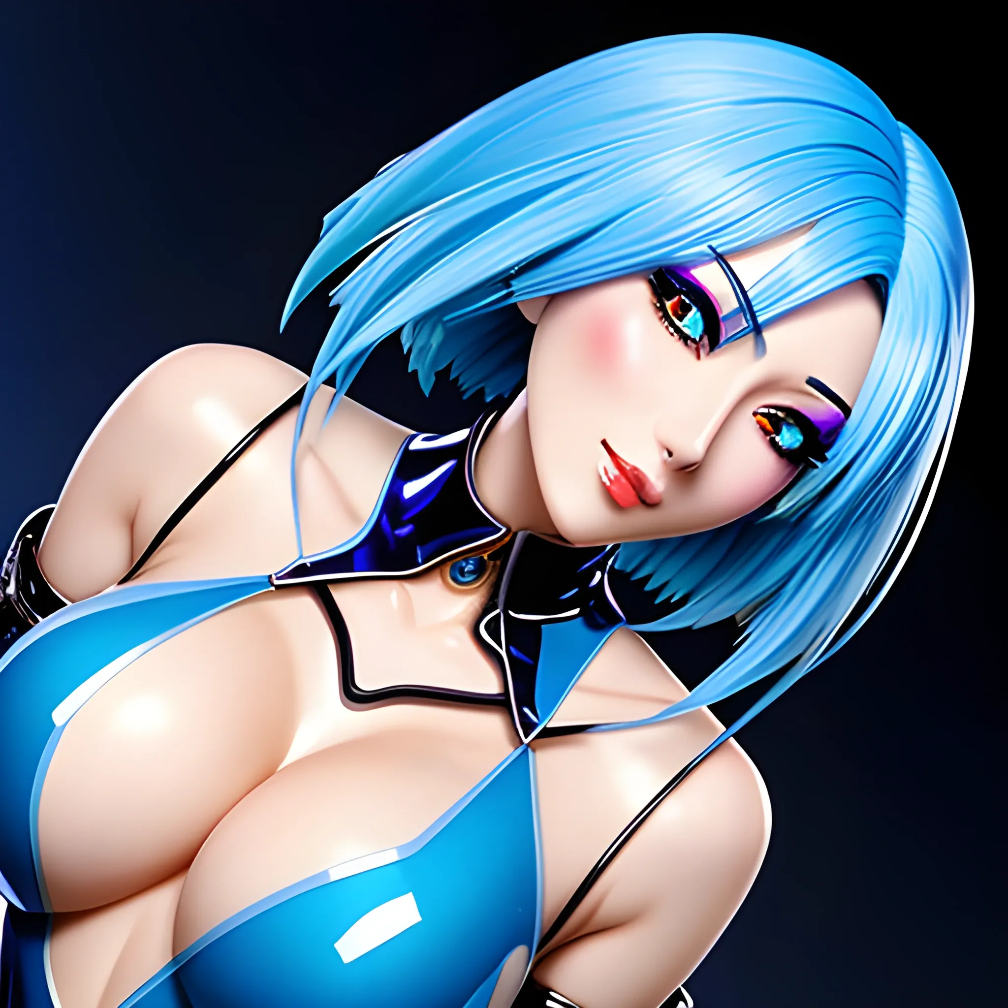 anime,full body,blue hair, with legs,masterpiece, best quality, beautiful anime girl with beautiful sensuous eyes, sensuous smile, kawaii hair, light makeup, realistic face, detailed skin, Wearing transparent-plastic jacket, nightpub, 
full body