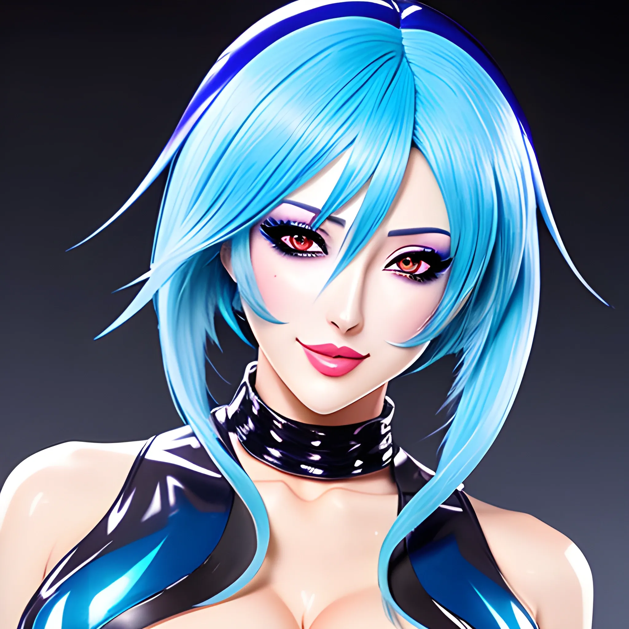 anime,full body,blue hair, with legs,masterpiece, best quality, beautiful anime girl with beautiful sensuous eyes, sensuous smile, kawaii hair, light makeup, realistic face, detailed skin, Wearing transparent-plastic jacket, nightpub, 
full body